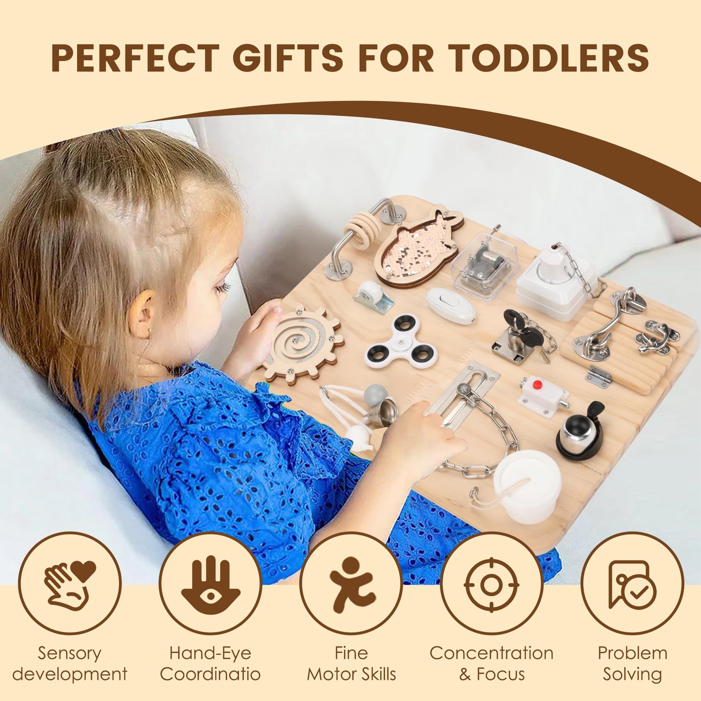 Pithfor Wooden Montessori Busy Board, Montessori Sensory Activity Board Toys for Kids Toddler Baby Boys Girls, for Autism & ADHD Motor Skills
