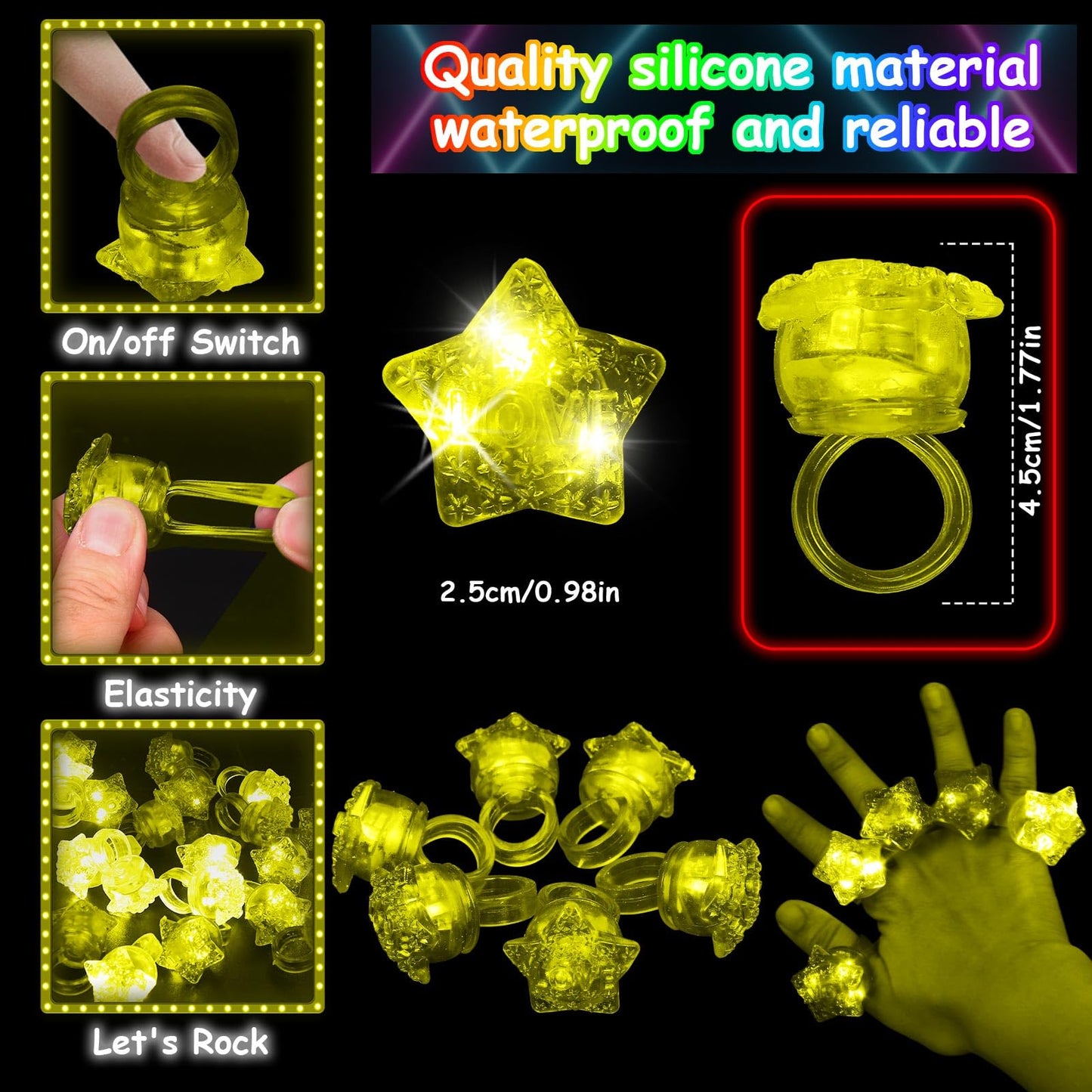 NUDALA 24 Pack Yellow Light Up Star Rings Glow in the Dark Party Flashing LED Jelly Finger Rings for July 4th,Halloween,Christmas,Concert,Goodie Bag Fillers,Raves