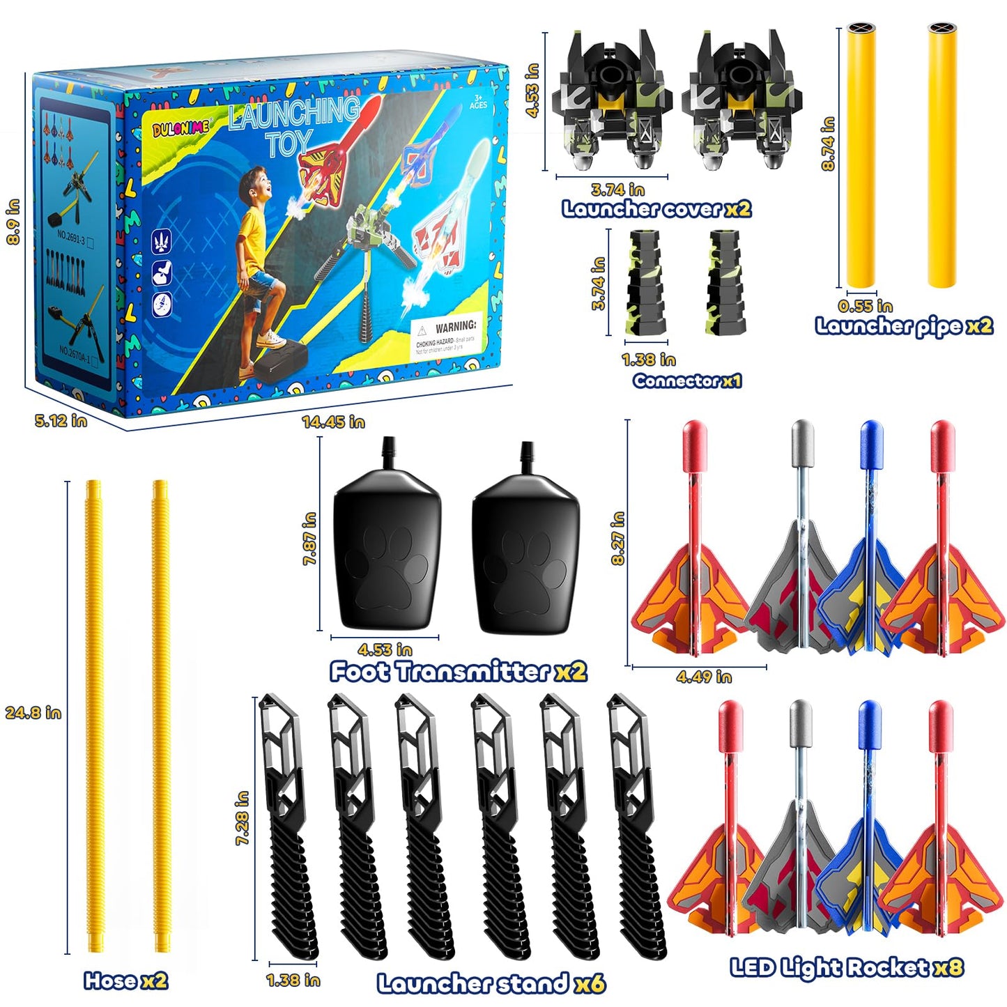 DULONIME Rocket Launcher for Kids with 8 LED Airplane Rockets and 2 Tank Launcher, Outdoor Toys for Toddlers, Rockets for Kids Age 4-8, 2 3 4 5 Year Old Boy Birthday Gift, Launching up to 120+ Feet