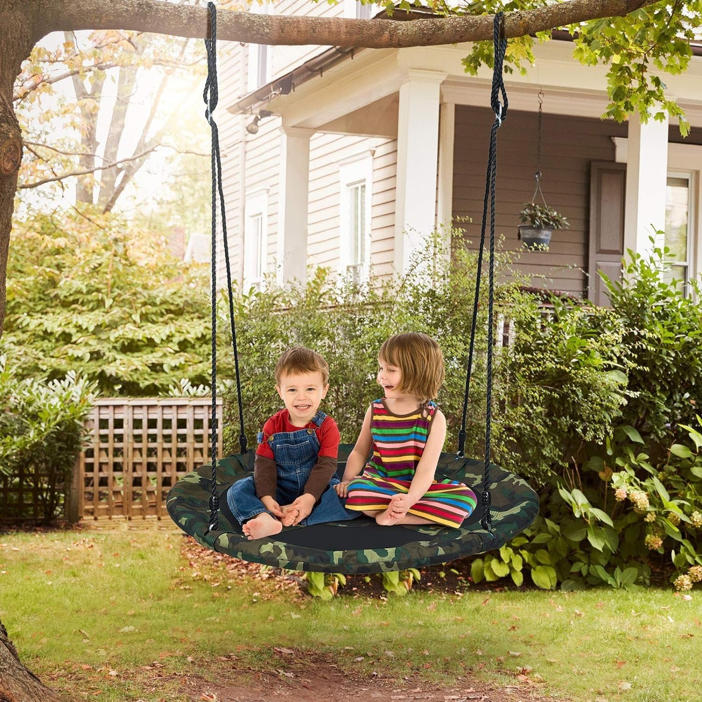 LDAILY Moccha Flying Saucer Tree Swing, Giant 40” Round Swing with Metal Frame, Adjustable Hanging Rope, Waterproof 600D Oxford Cloth, Indoor Outdoor Swing for Backyard, Playground (Camo Green)