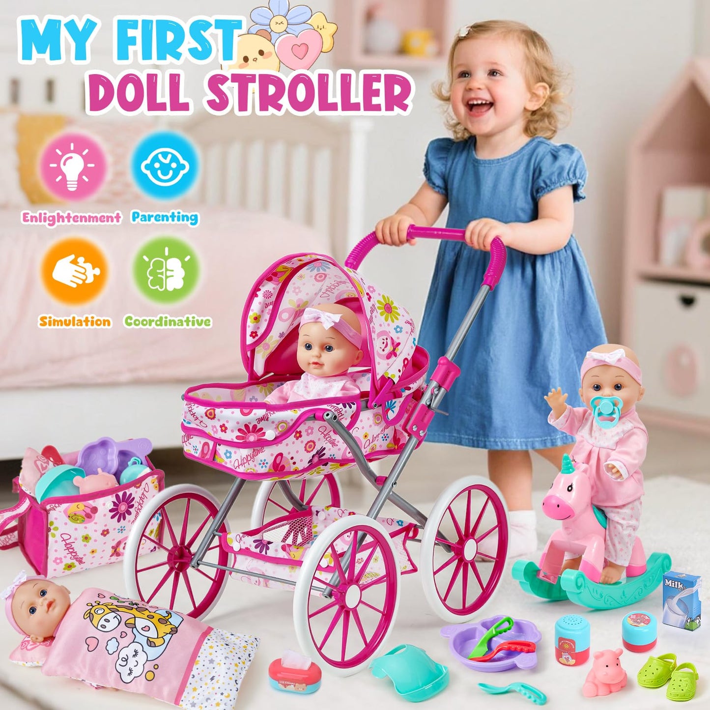 Golray 12 in Baby Doll Toys Set with Stroller for 3 4 5 6 Year Old Girl - 26pcs Babydoll with Accessories Rocking Horse/2 Clothes, Feeding Nursing Pretend Play Toddler Girl Toy Gift 3-5-7