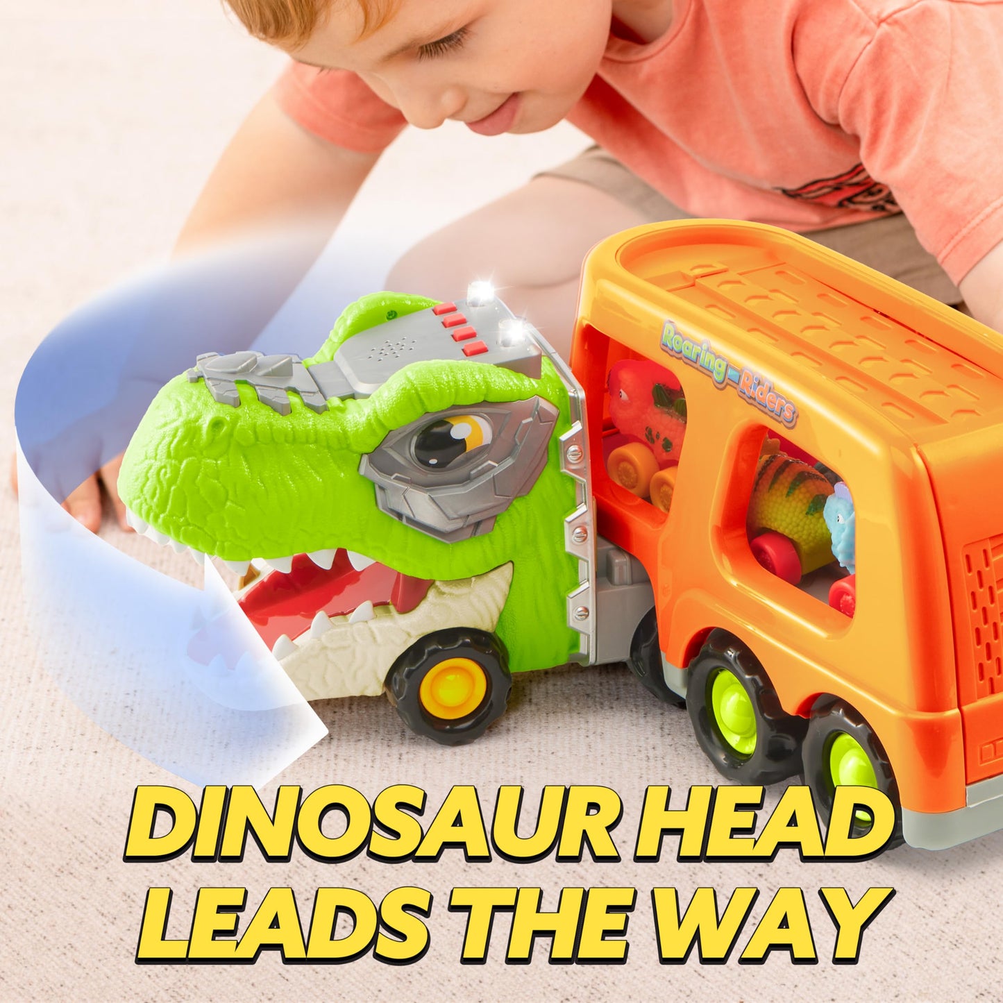 JOYIN Dinosaur Toys for Kids 2-4, Toddler Boy Toys, Dinosaur Carrier Truck with 6 Rubber Car Vehicles, Easter Birthday Gifts with Music & Lights for 2 3 4 5 Year Old