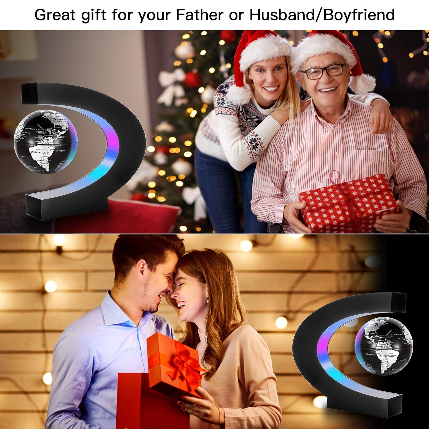Gresus Magnetic Levitation Floating World Map Globe, C Shape Base with LED Lights, Great Fathers Students Teacher Business Boyfriend Birthday Gift for Desk Decoration （Black) (Globe doesn't light up)