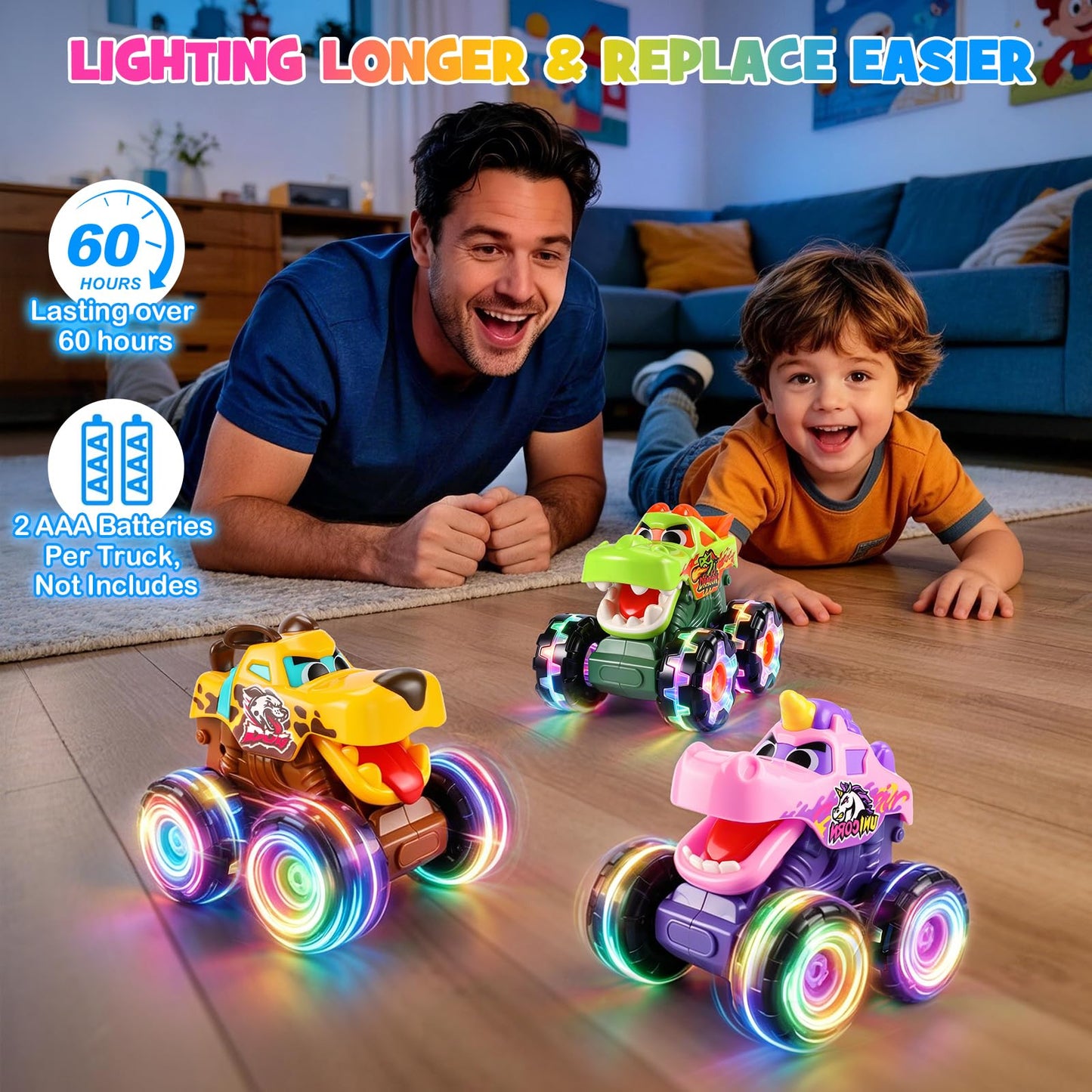 OCATO Monster Truck Toys for 1 2 3 4 Year Old Boy Birthday Gift, Light Up Monster Trucks Inertia Toy Cars for Toddlers 1-3 Soft Light Glowing LED Wheels, Baby Toddler Kids Boy Toys Gifts Age 1 2 3 4 5
