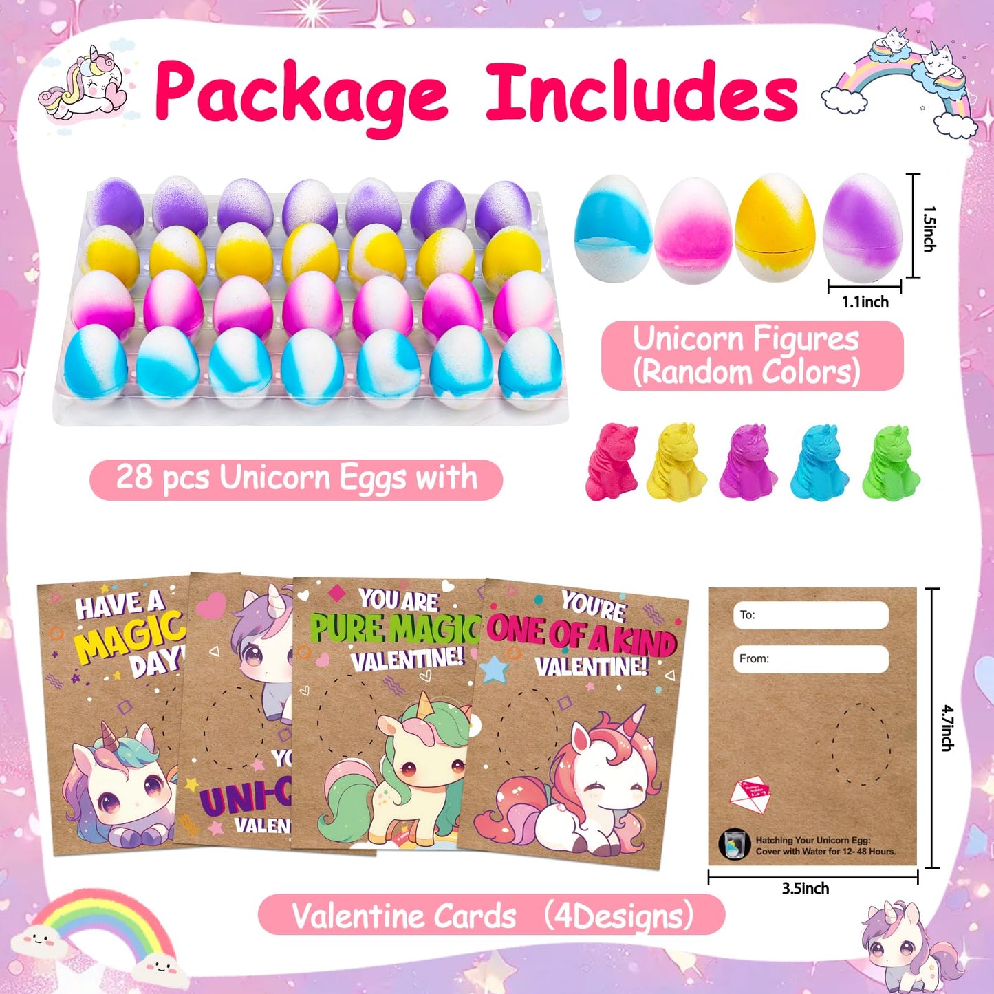 Thremhoo 28PCS Hatching Unicorn Eggs Valentines Day Cards for Kids School Classroom Novelty Hatch Toys Valentine's Day Exchange Gifts for Toddler Boy Girl Class Valentine Party Favors Treat Bulk