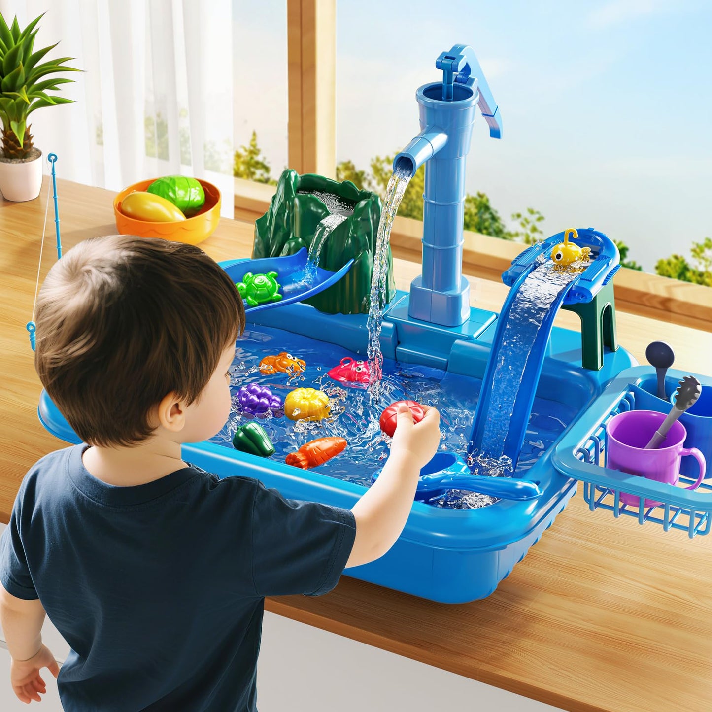 KIZONLY Water Table for Toddlers 1-3- Kids Play Sink with Pump and Running Water, Water Table for Kids Ages 4-8 with Fishing Games, Summer Outside Sensory Gift Toys for Boys and Girls 2 3 4 5 6 7 8