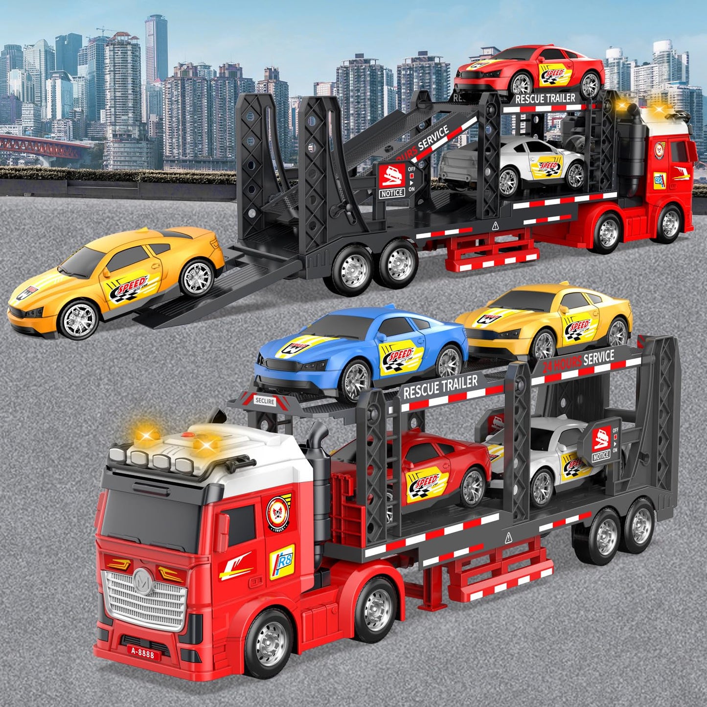 DOWELLIN Carrier Truck Race Car Toys for 3 4 5 6 7 Years Kids, 21.5" Friction Powered Double Layer Semi Transport Truck Toy with 4 Racing Cars, Light&Sound Vehical Toys, Xmas Gift for Boy Girl-Red