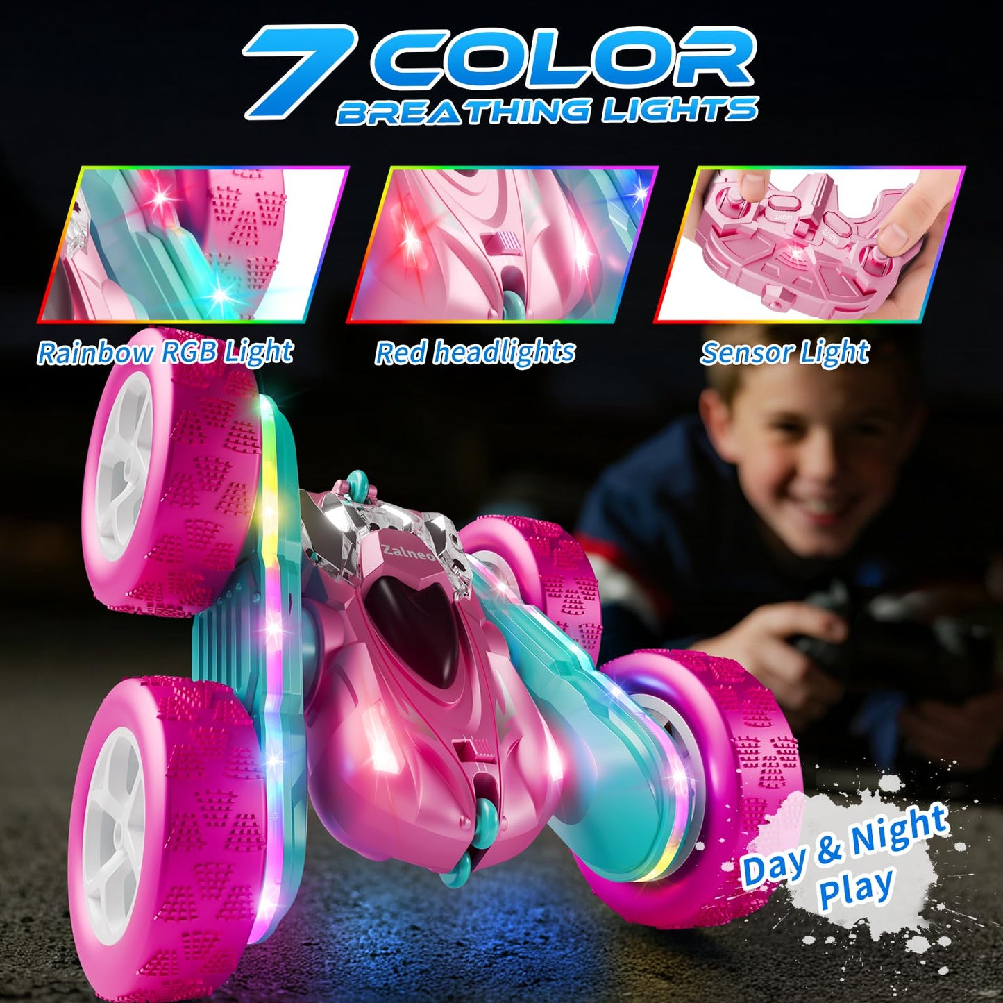 Zalneo RC Car Pink 4WD Remote Control Car 360° Flip Double‑Sided LED Light Bar & Quick‑Swap USB‑C Modular Battery, 2.4 GHz No‑Interference Popular Outdoor Beach Toy, Popular Gift for Girls Ages 6‑12