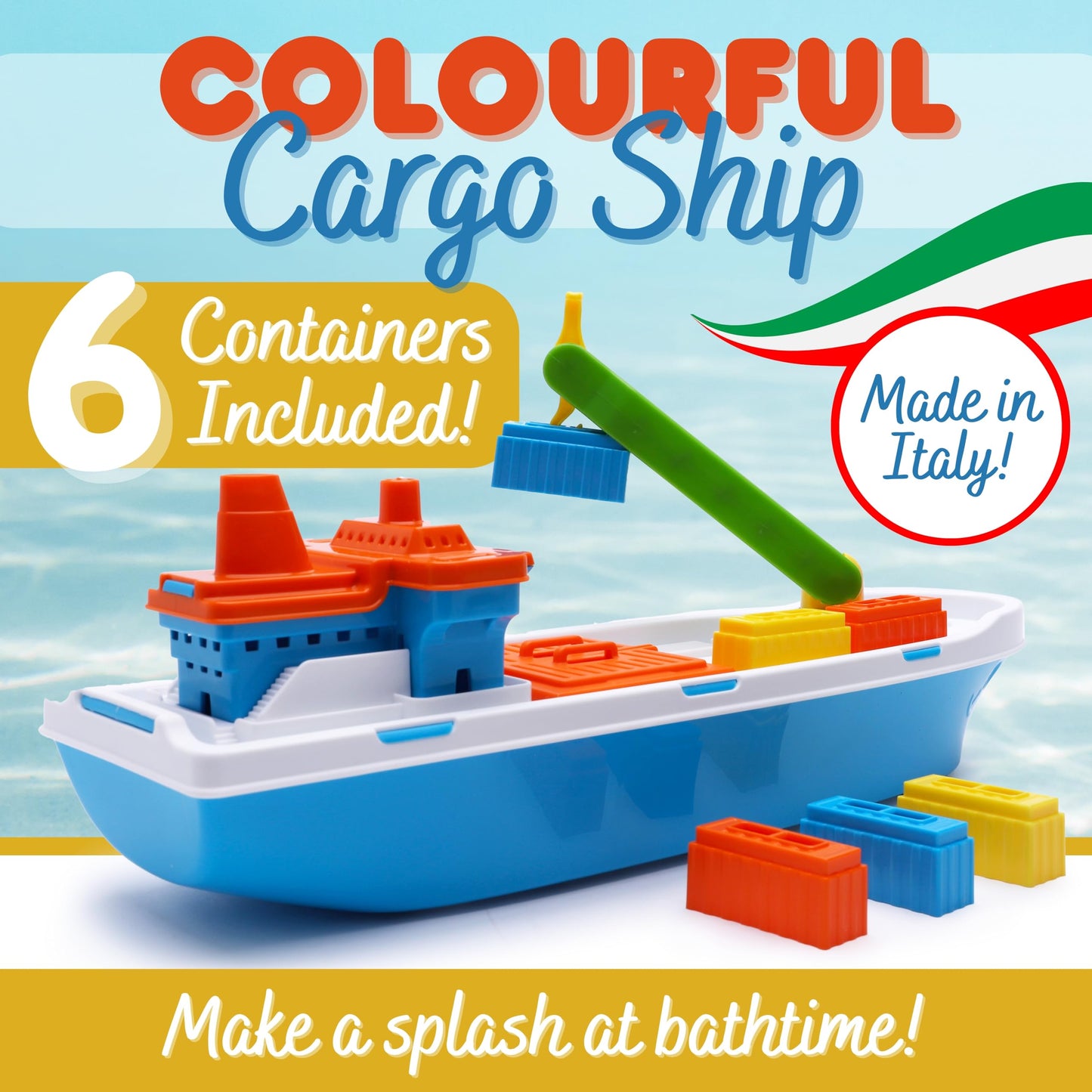 Toyland® 41cm (16") Colourful Cargo Ship with Moveable Doors, Crane & 6 Plastic Containers - Kids Floating Water Toy - Pool & Bathtime Toys - 3 Years+