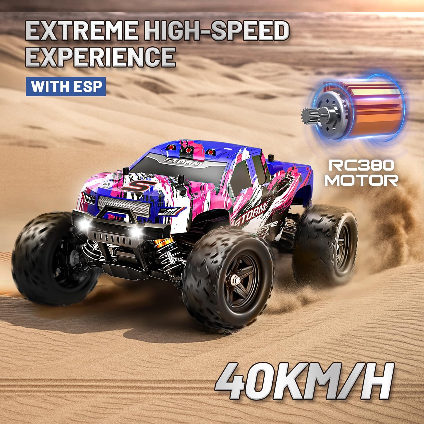 Pink Remote Control Car for Girls, Fast rc Cars for Girls 1:18 Scale Monster Truck with 40+ KM/H Speed 4WD Off-Road RC Truck, Dual Rechargeable Batteries, toys for 8 9 10 11 12 year old girl gifts