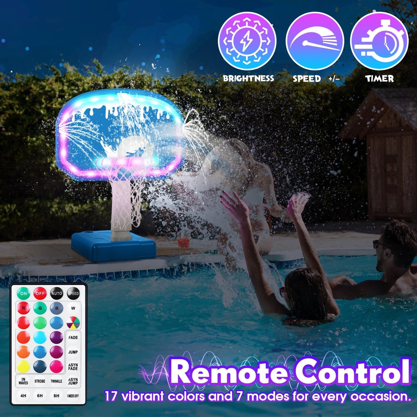 OHYEMO LED Pool Basketball Hoop with 3-Way Sprinkler, Oversized Pool Basketball Game Set with 14in LED Rim/2 Glow Balls/Water-Filled Base/Pump, Light Up Pool Games Toys for Teens Adults, Inground Pool