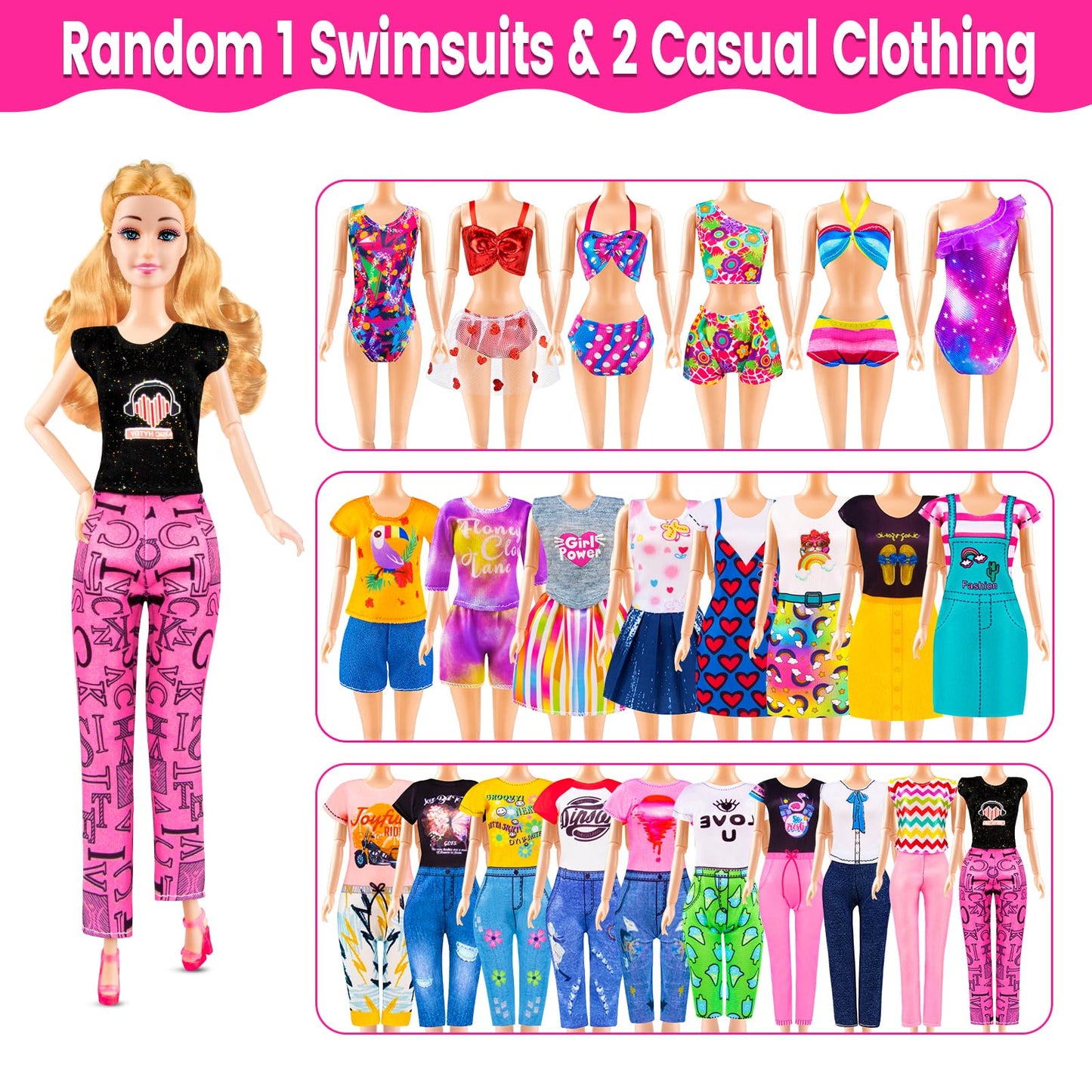 76 Pcs Doll & Convertible Car Playset,Included 11.5 in Dol-l,Car,Princess Dresses,Fashion Dresses,Casual Clothing,Swimsuits,Bags,Shoes,Doll Playset,Doll Dress up Toys for Girls Kids Toddlers Gifts