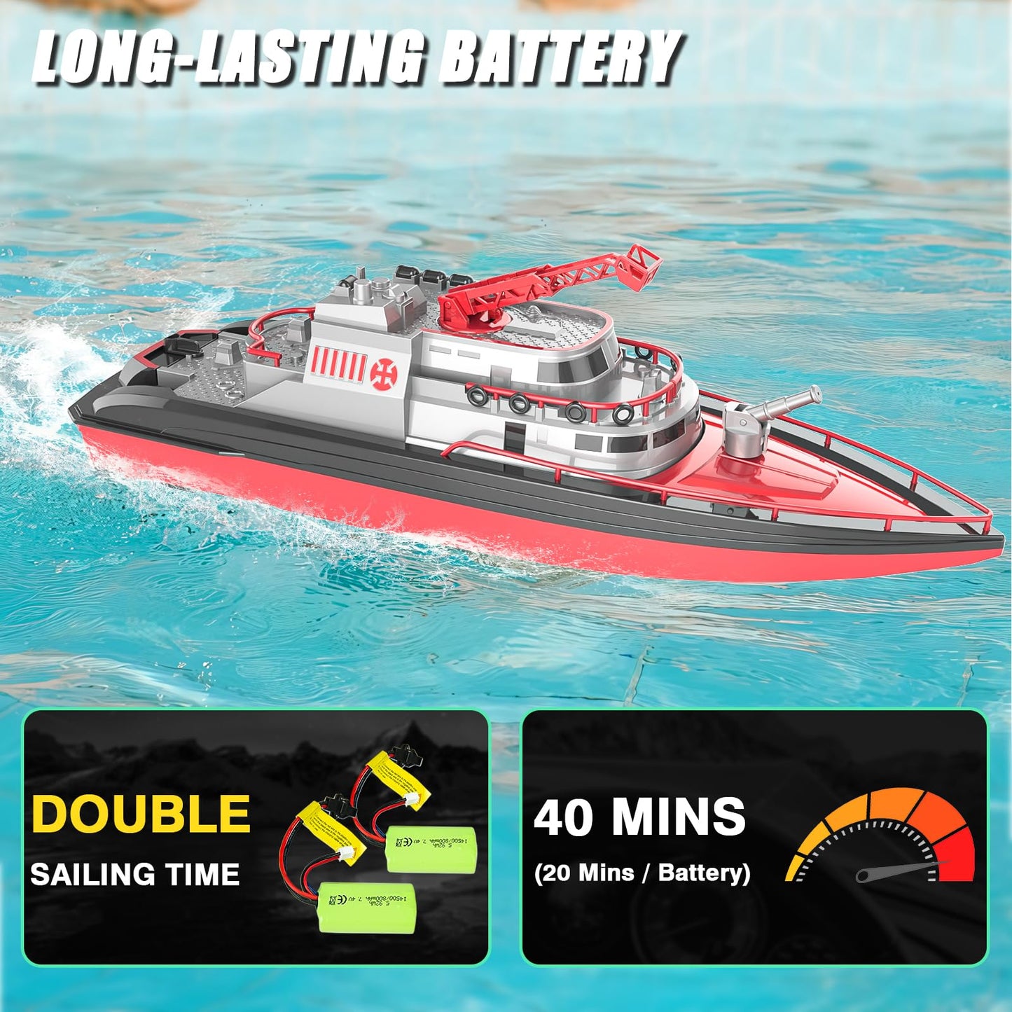 Cheerwing RC Boat, Remote Control Fireboat Firefighter for Kids, One-Key Water Spary, 2 Batteries for 40 Mins Run Time, 15KM/H High Speed Pool Toys for Boys Girls and Adult