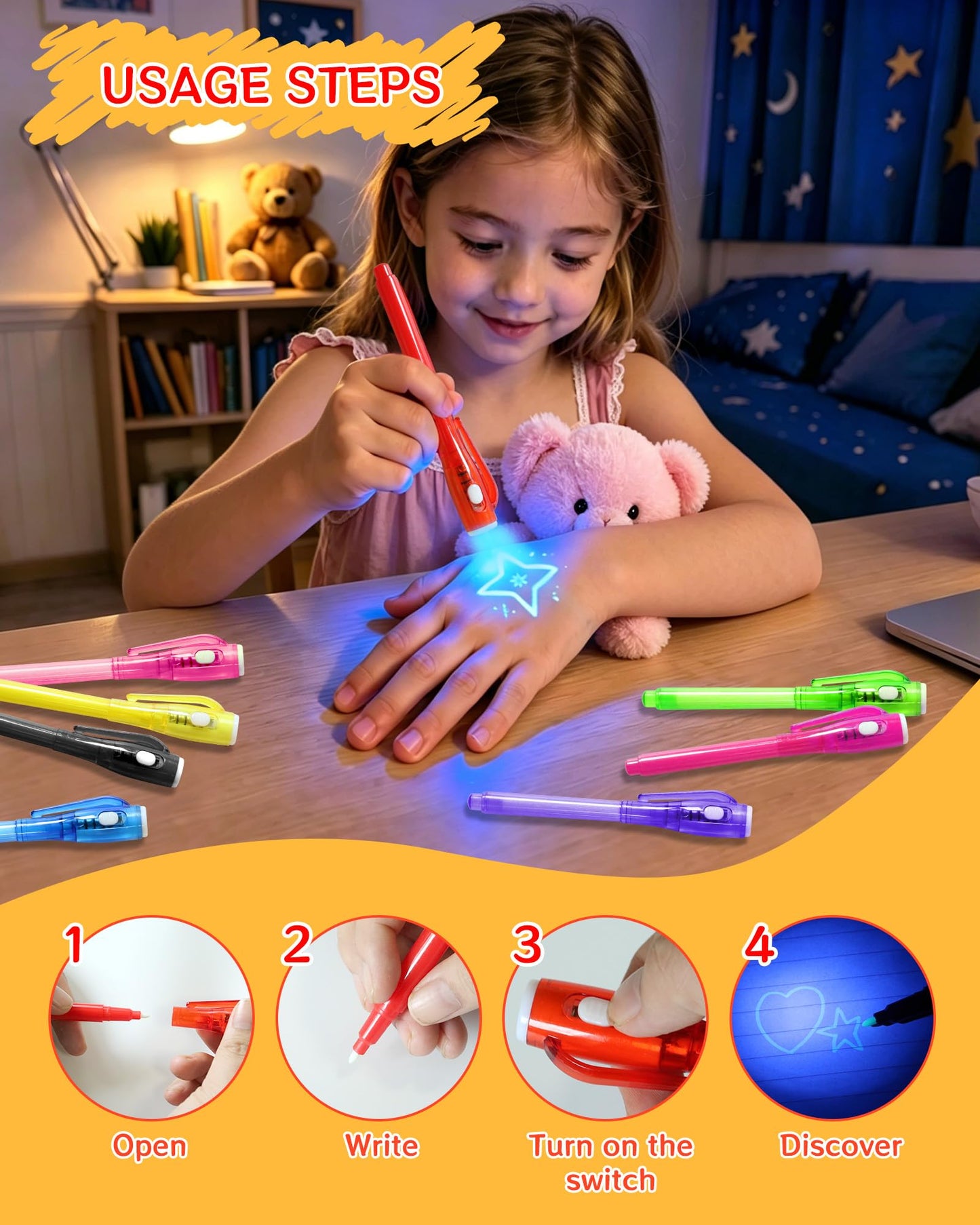 GUKAZH 16 Pcs Invisible Ink Spy Pens with UV Light, Magic Invisible Markers for Secret Message Classroom Prizes for Students, Birthday Valentine's Day for Girls Boys Party Favors Toys