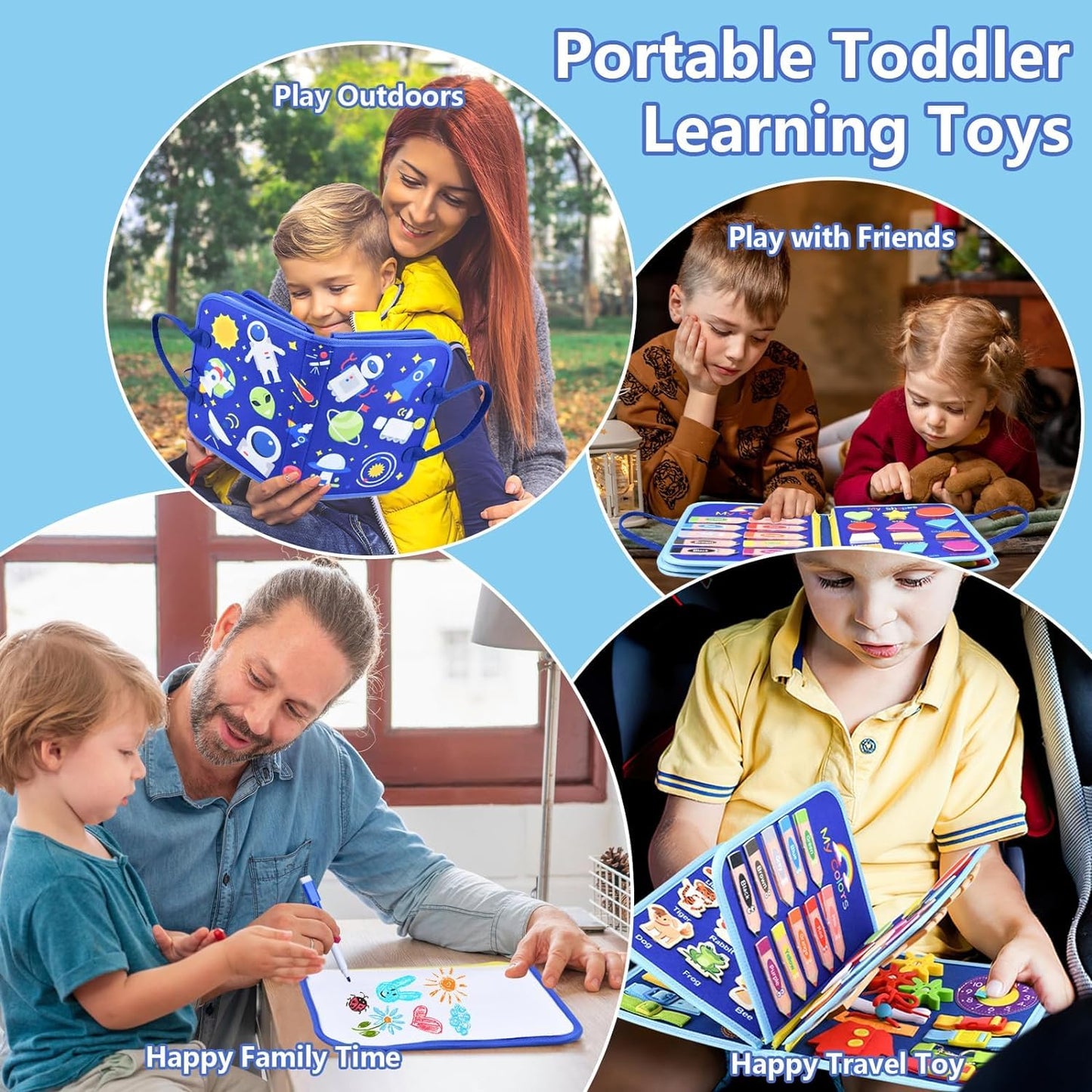Toddler Busy Board, Montessori Toys for Boys, Sensory Board Birthday Gifts - Educational Busy Book, Learning toys for Toddlers, Preschool Learning Activities and Travel Toys for Airplane Car, Blue