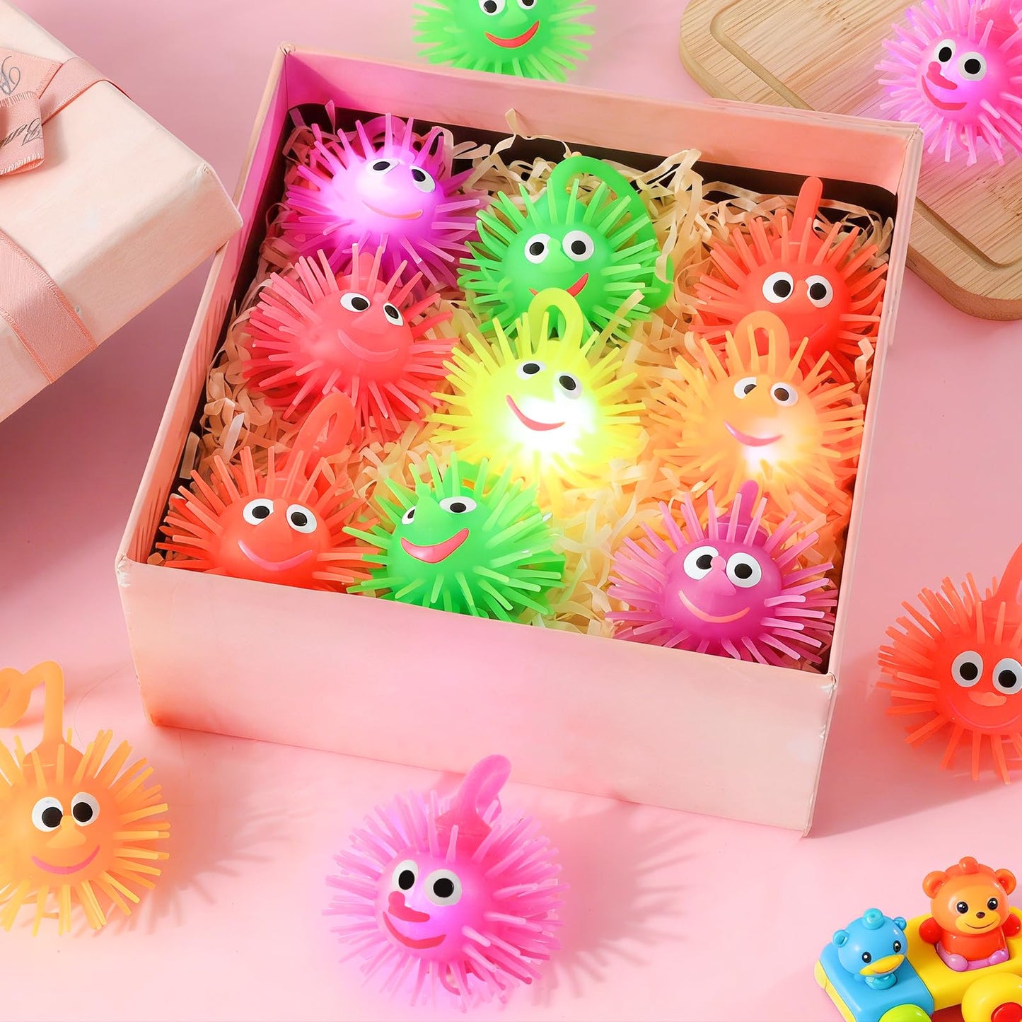 ClassyWhimsy 24PCS LED Puffer Balls Bouncy Light Up Ball for Kids 4-12 Toy Stress Ball Flashing Sensory Puffer Toy Glow in The Dark for Classroom Stuffer Sprizes Bulk Kid Pinata Fillers Party Supplies