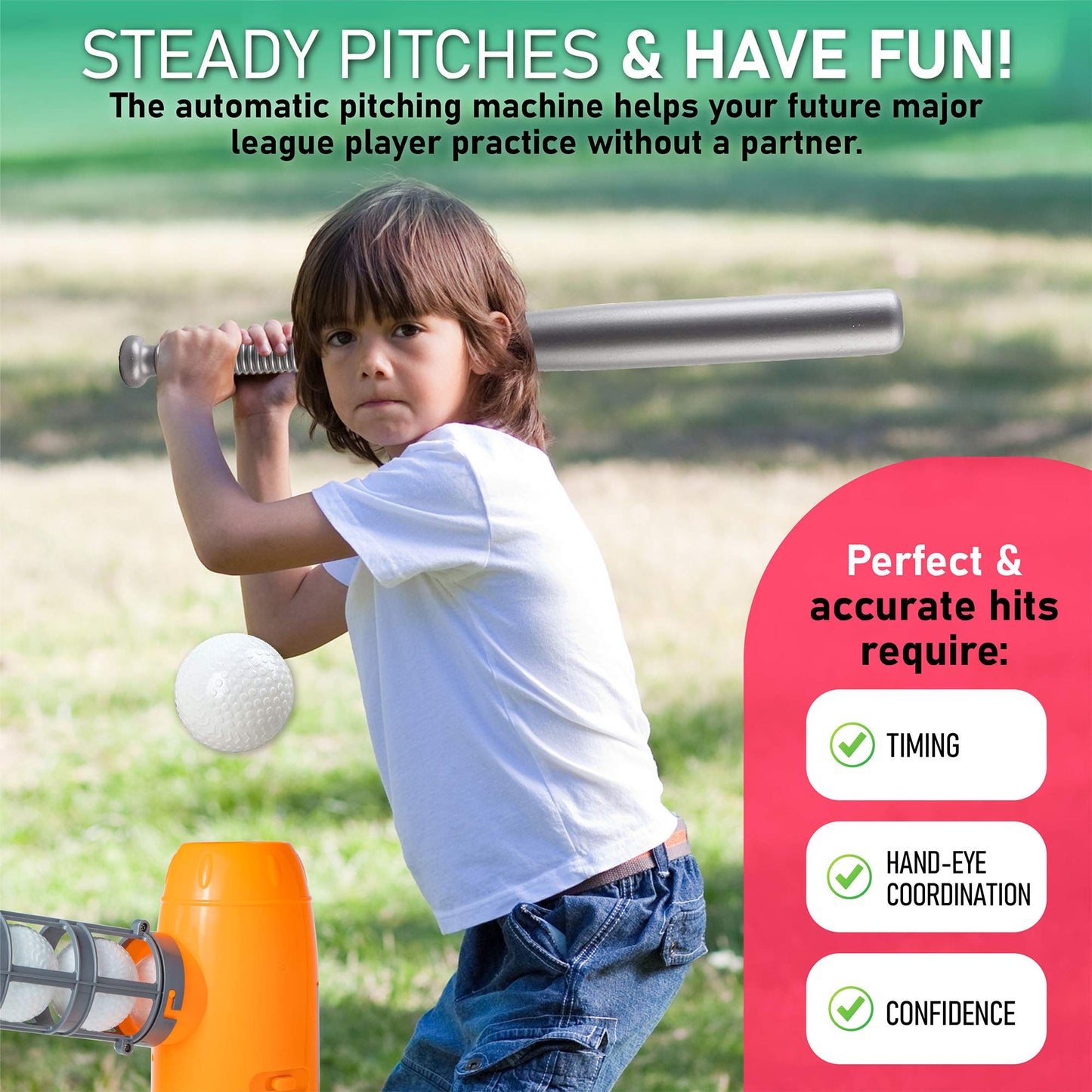 YESMARKS Kids Auto Baseball Pitching Machine Outdoor Toy Set - Training Equipment & Batting Practice Toys for Youth, Includes 10 Baseballs, Baseball Bat and Sports Bag