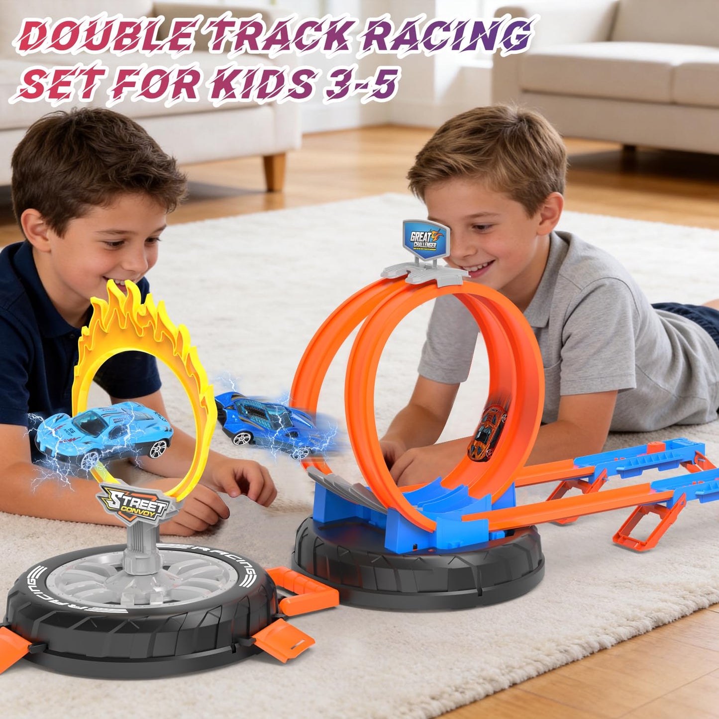 Toy Car Race Track Set for Kids Ages 4-8, Stunt Tire-Shaped Case Transforms into Race Course, 6 Cars in 1:64 Scale, 2 Ways to Play, Action Loop Cyclone Challenge & Speed Snap Track