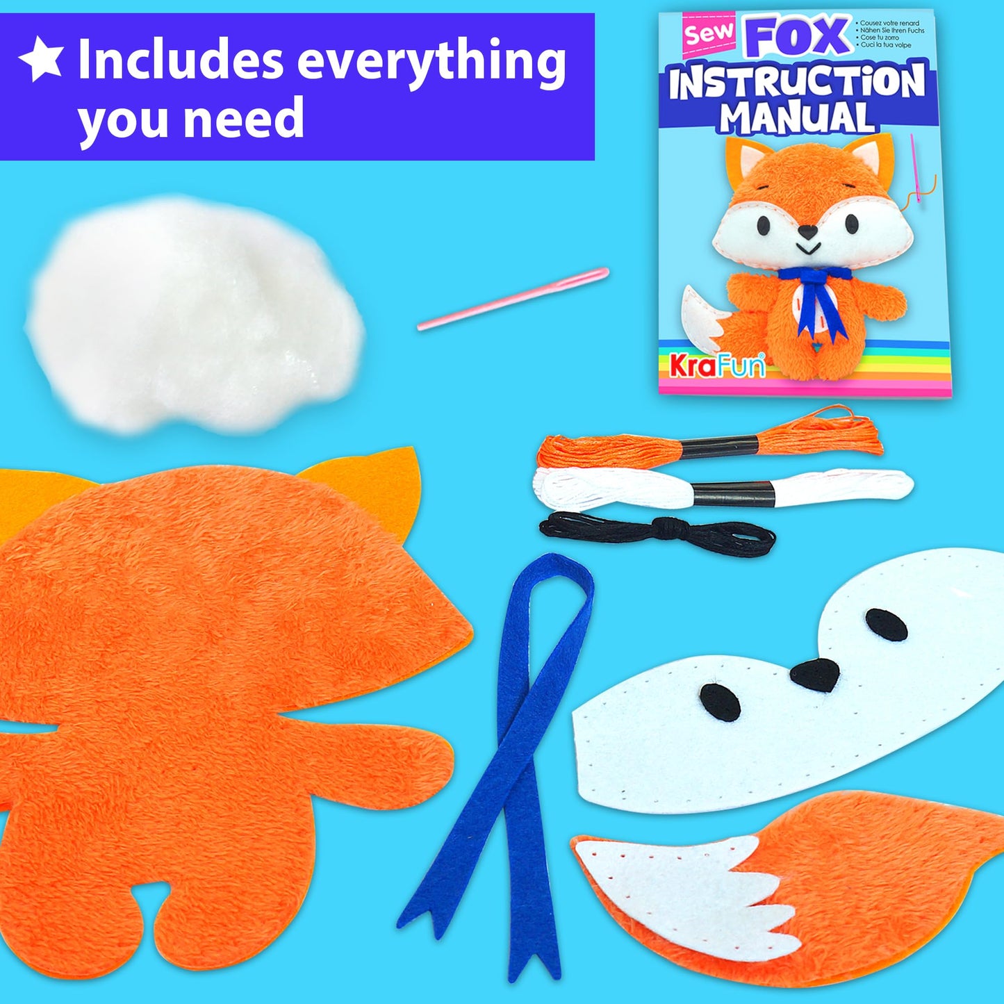 KRAFUN My First Sewing Kit for Kids Ages 6-10 Beginners | Learn to Sew Fox Stuffed Animal | Premium Thick Felt | Craft Gift for Girls & Boys