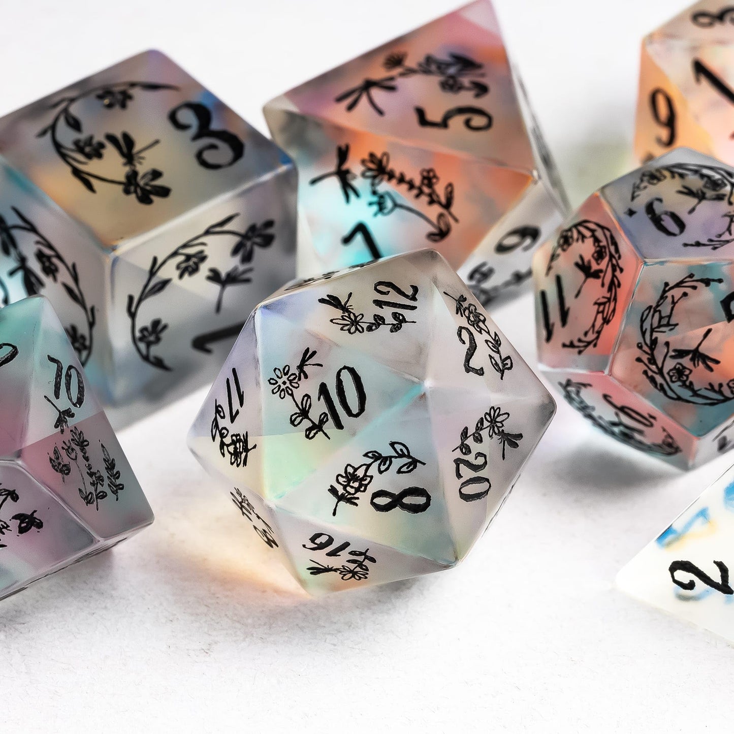 UDIXI Frosted Prism Glass Dice Set D&D RPG Dice Set with Leather Gift Box for Role Playing Games(Dragonfly and Flower)