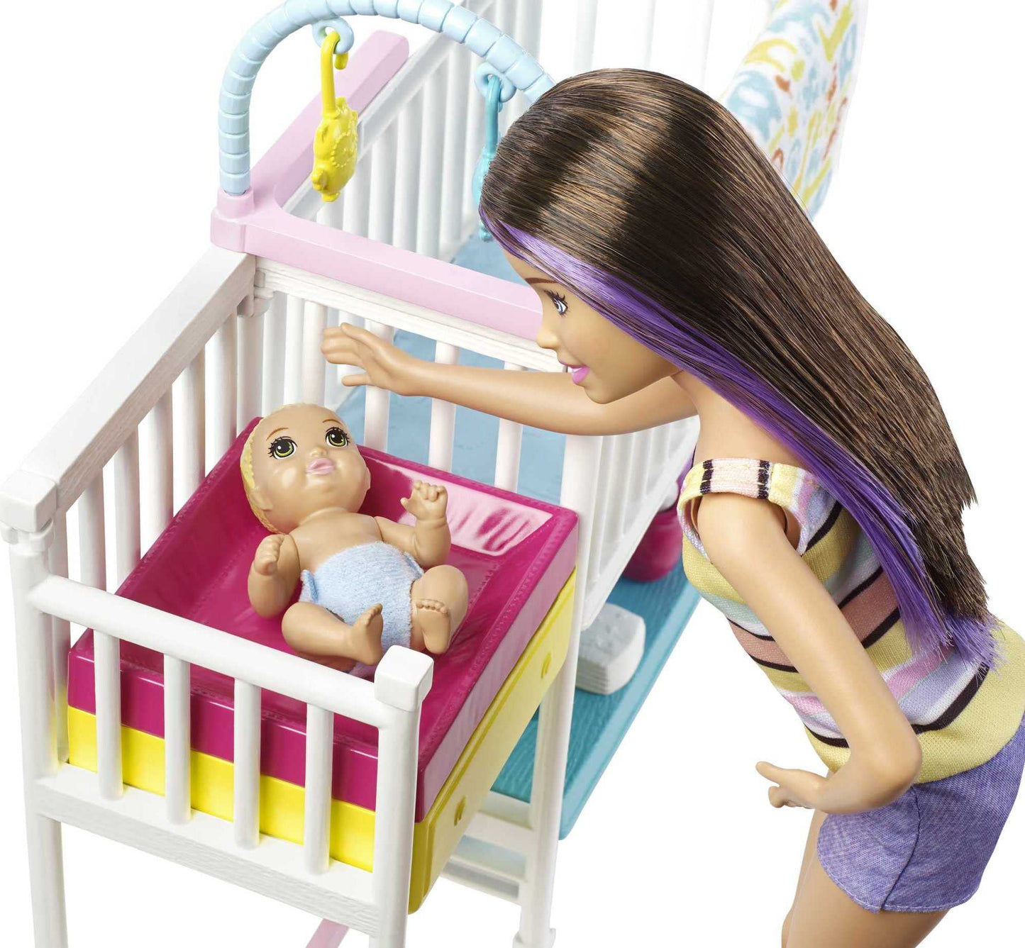 Barbie Skipper Babysitters Inc Dolls & Playset, Nap 'n Nurture Nursery, Skipper Doll, Baby Doll, Crib & 10+ Accessories, Working Toy Bouncer