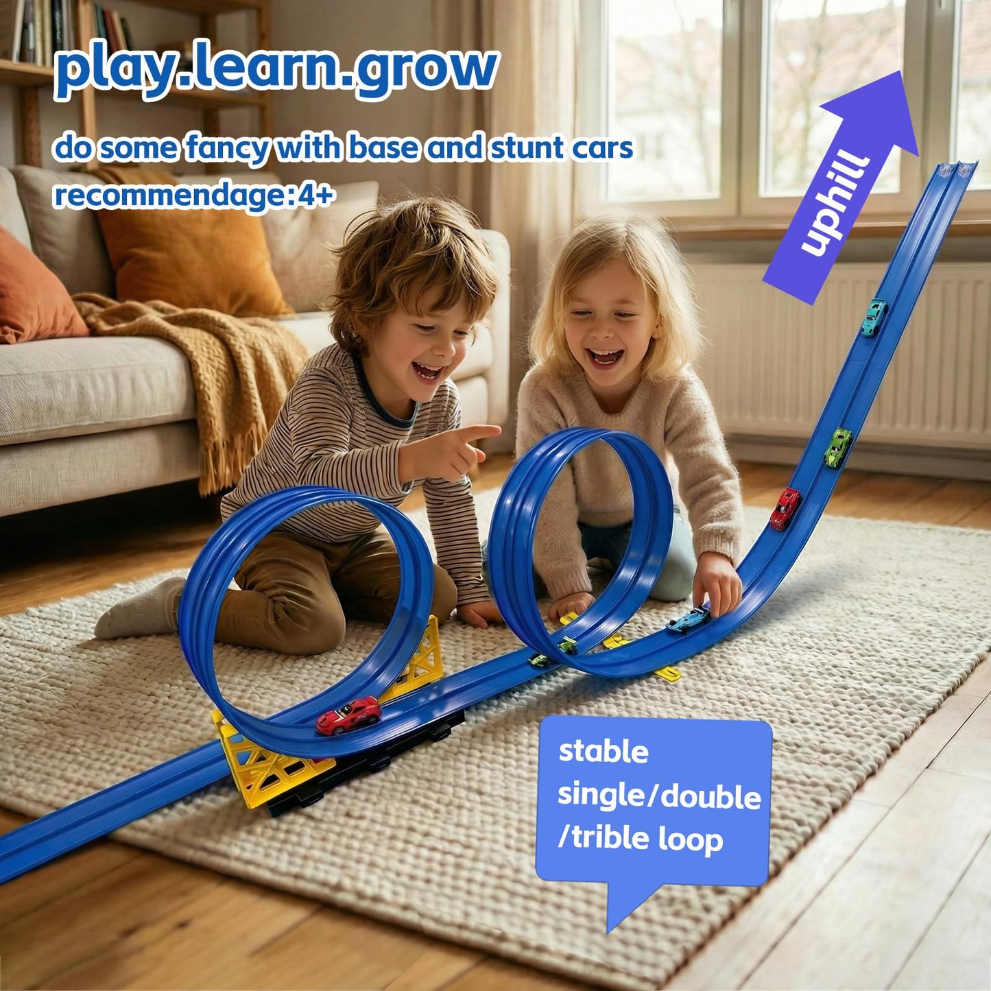 16.5 Ft Flexible Race Track for Kids, Portable DIY Roll-Up Racetrack Set Compatible with Diecast 1/64th Cars - Includes 8 Racing Cars & Super-Grip Gravity Ramp, Birthday Gift for Boys Girls 3-8, Blue
