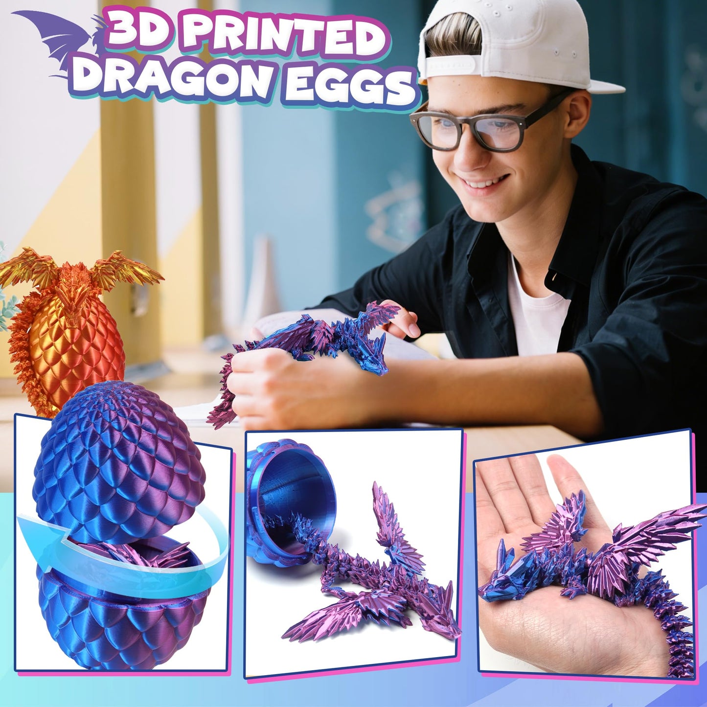 4PC 3D Printed Dragon Eggs with Wings for Teen Boys Fidget Classroom Treasure Box for Kids Goodie Bag Fillers Winged Dragon Dinosaur Eggs Toy Office Desk Decor for Adult Easter Basket Stuffers Gifts