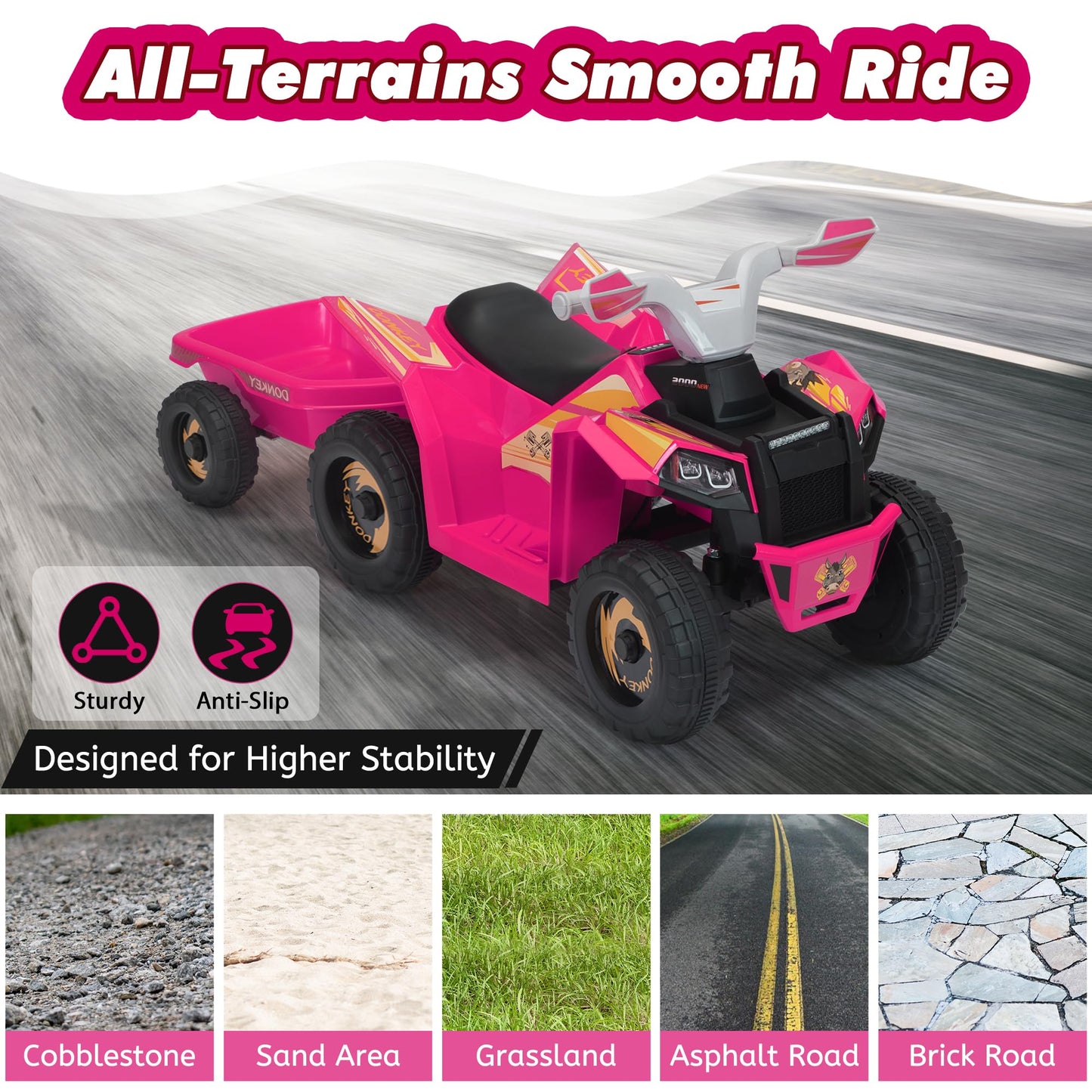 TOBBI 6V Electric Kids Ride On Toy Car with Trailer, Toddler 4 Wheeler Powered Vehicle to Drive with Music/Battery Volume Display for Children Age 3-6 -Rose Red