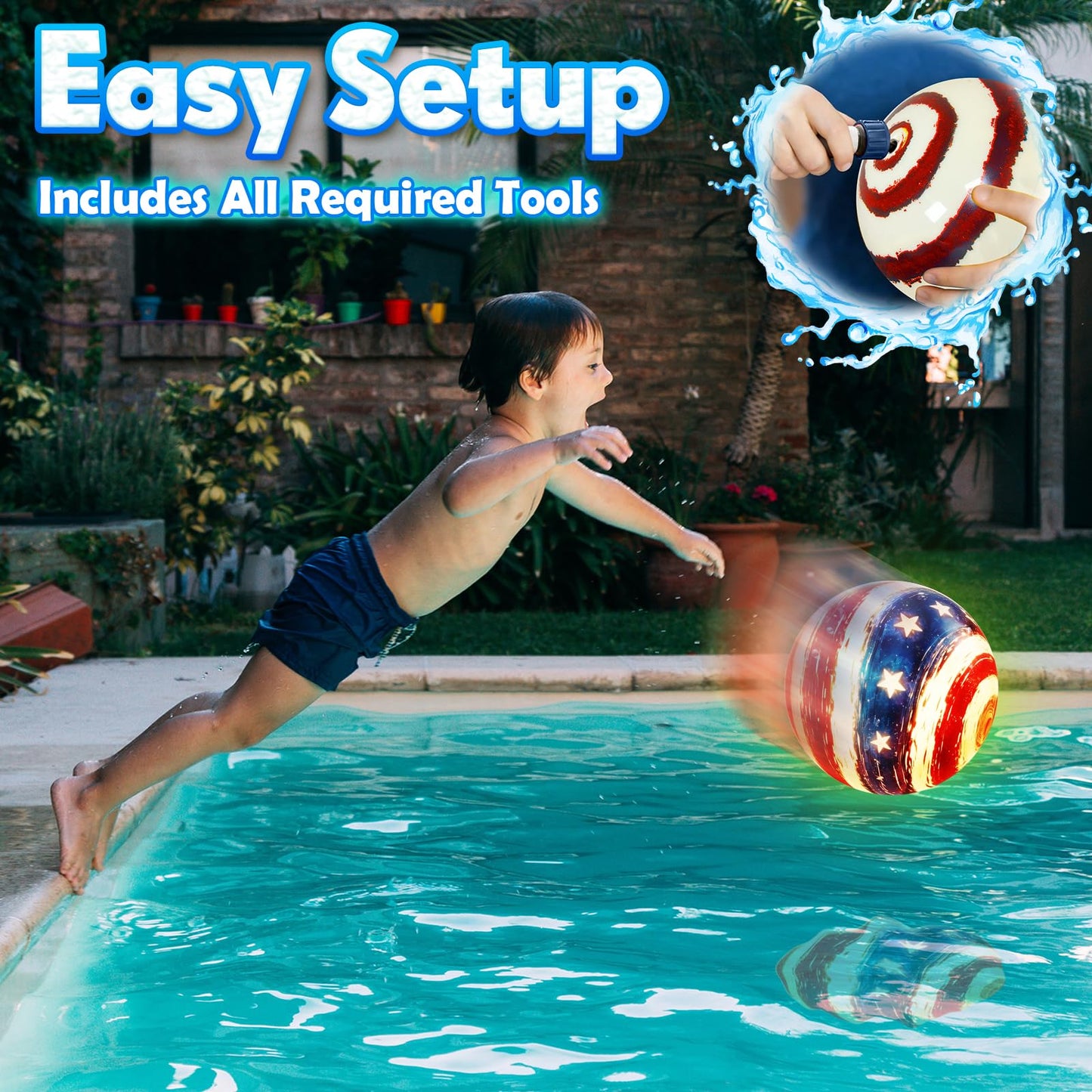 Focusport LED Underwater Pool Ball – 2 Pack 9" Light Up Water Ball Toy, Patriotic Design Pool Sports Game for Kids & Teens, Dribble & Pass for Water Football & Basketball, Summer Backyard Parties