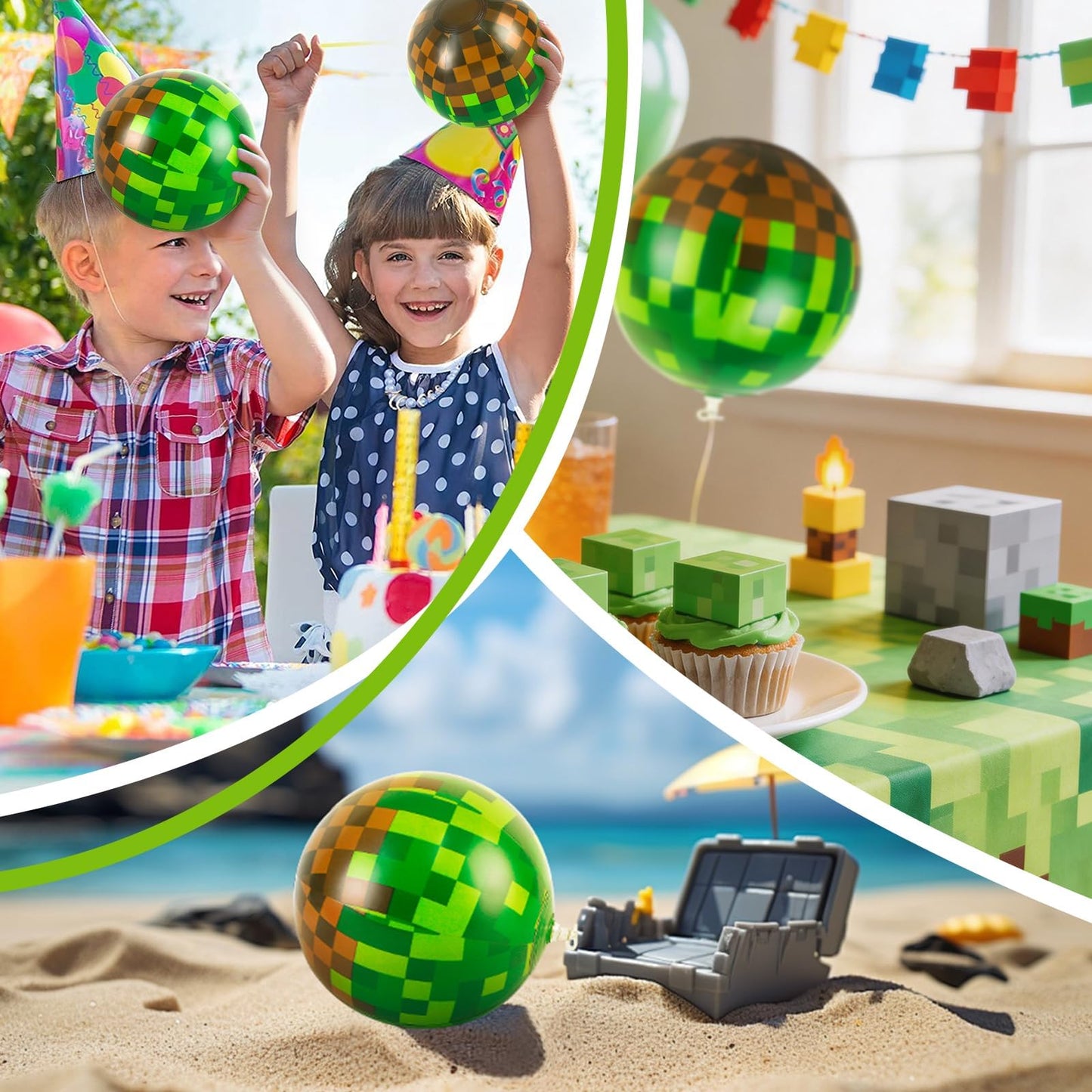 ZSMKJIAYE 24 Pack Pixel Themed Beach Balls - 6 Inches Green and Brown Inflatable Floating Balls for Birthday Party Decorations, Summer Pool and Beach Game, and Bulk Birthday Party Favors