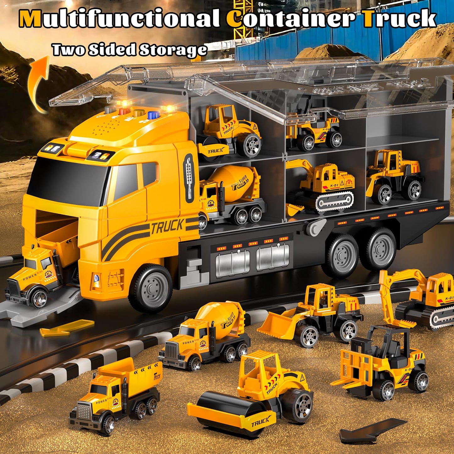 Toddler Boys Construction Truck Set: Construction for Boy 3 4 5 6 Years Old | with Play Mat and Die-Cast Toy Car | Birthday Gifts Toys for 3-8 Year Old Boys | Kids Toys Cars with Light and Sound