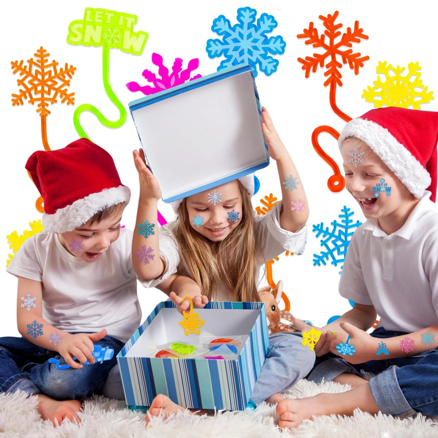 48PCS Snowflake Party Favors - 24PCS Temporary Tattoos & 24PCS Stick Hands Party Favors - Perfect Birthday Favors, Goodie Bag Stuffers, Treasure Box Toys, Classroom Prizes, and Student Gifts