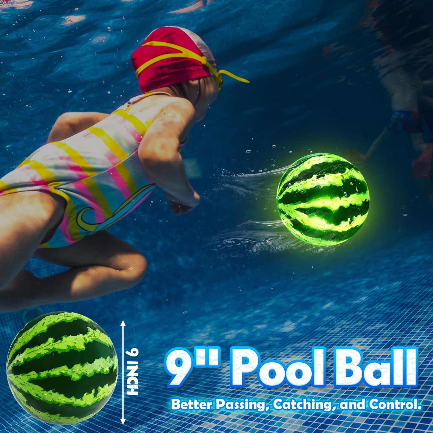 Focusport LED Underwater Pool Ball Game – 2 Pack 9" Glow Water Ball Toy for Kids, Teens, Pool Sports Game for Water Football & Basketball, Fun Pool Game for Backyard Parties & Outdoor Water Play