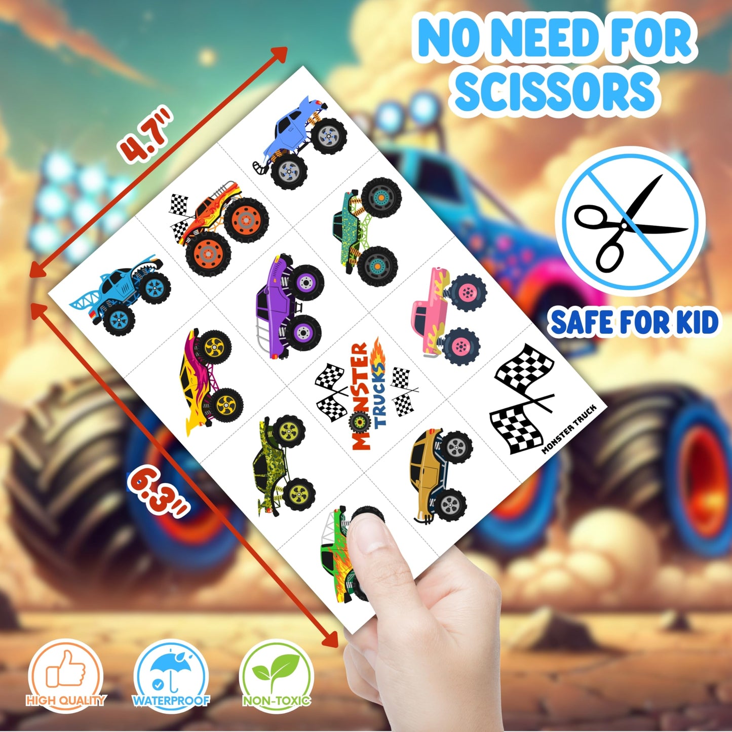 ThuanXuanLoc 72 PCS Monster Truck Party Favors - 48 PCS Temporary Tattoos & 24 PCS Punch Balloons Combo - Birthday Gifts & Goodie Bag Fillers