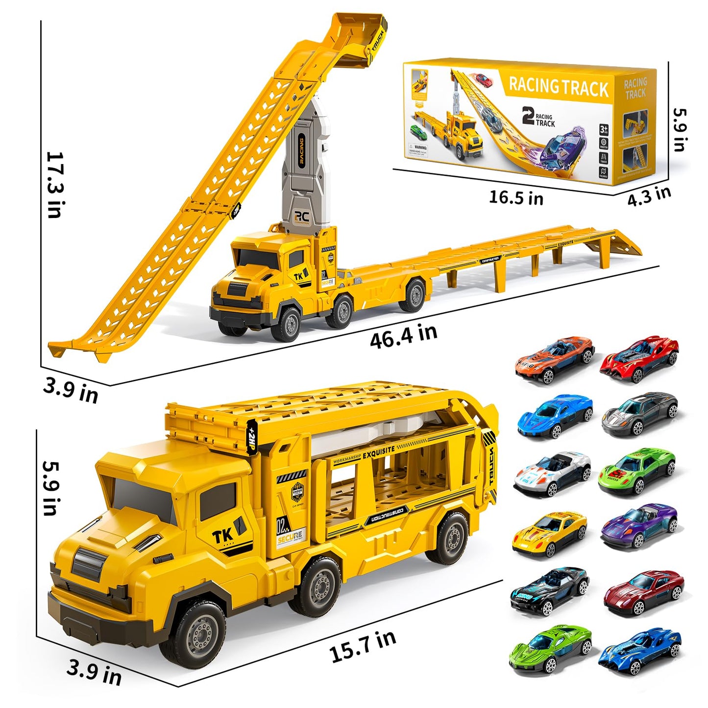 Transport Truck Toys for 3 4 5 6 7 Years Old Boys,Toy Cars Track Set Transporter Trucks with 12 Die-Cast Car Toys 2 Race catapults Dual-Track Model,Toddler Set for Kids Boys Girls,Yellow