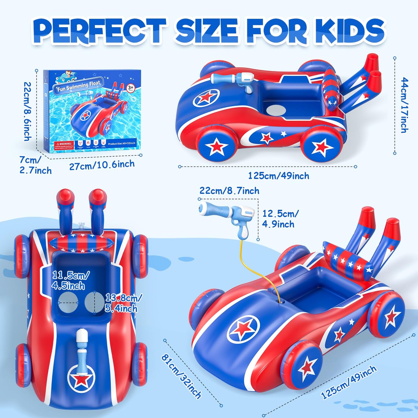 ASDGZD Kids Pool Floats with Water Gun, Car Toddler Inflatable Pool Toys for Kids Age 3-8 Years Old, Summer Outdoor Water, Beach, Swimming Pool Toys Gift for Boys and Girls