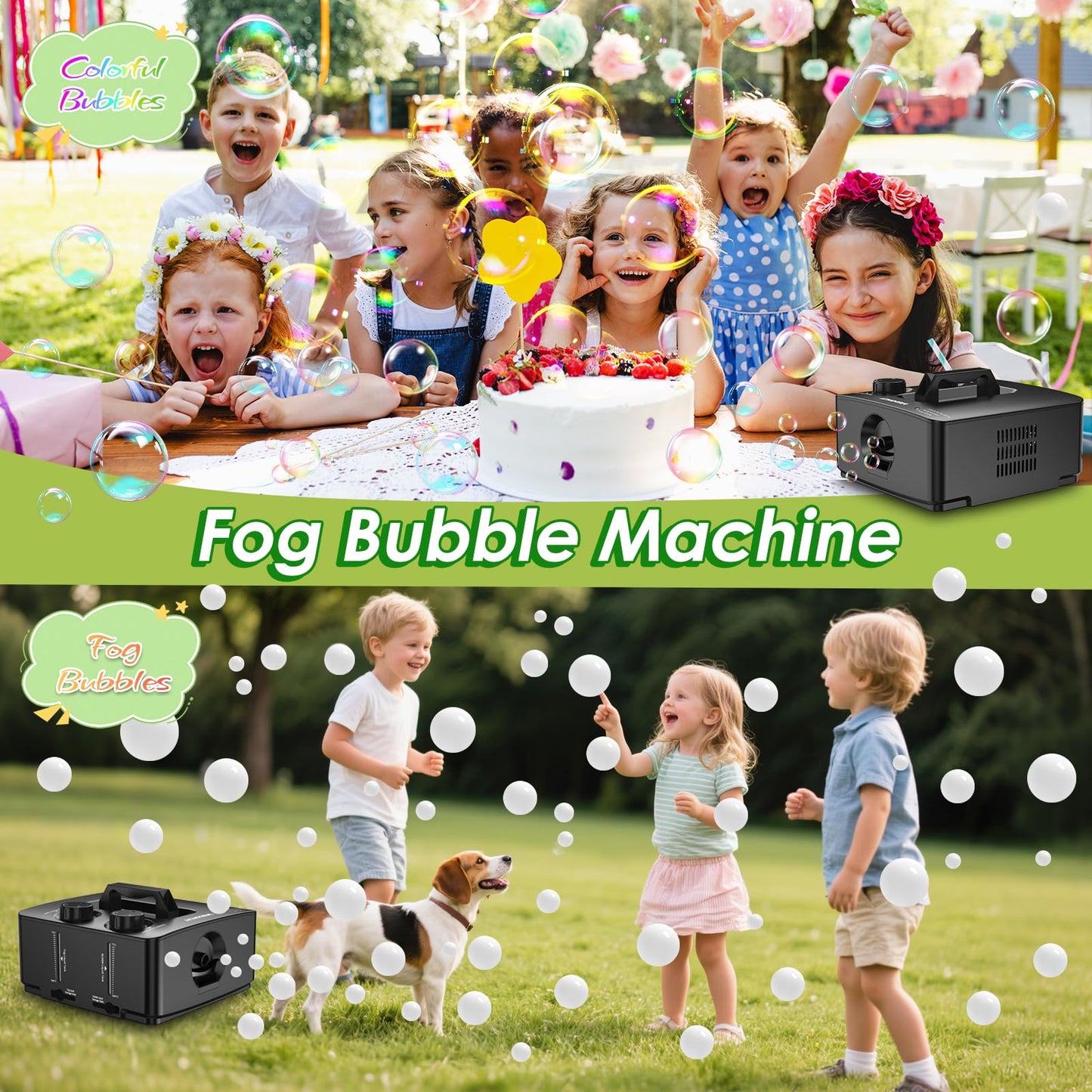Wisdomlit Fog Bubble Machine, 2-in-1 Smoke Bubble Maker, 400W No-Spill Smoke Bubble Blower, 8000+ Colorful/Fog Bubbles for Kids Toddlers Indoor Outdoor Birthday Party