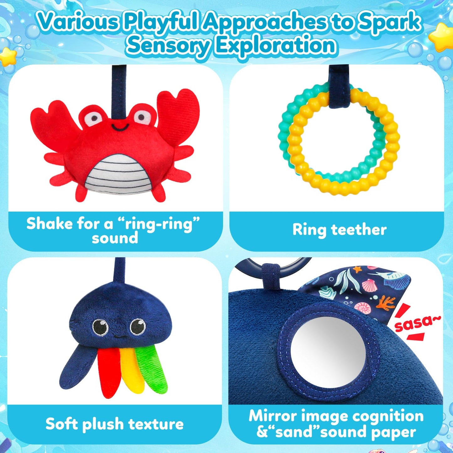 TSYAN Car Seat Toys for Babies 0-12 Months,Hanging Baby Activity Toy for Car seat,Stroller,Crib & Gym,Infant Plush Rattle with Mirror, Crinkle, Clip-On for Boys & Girls