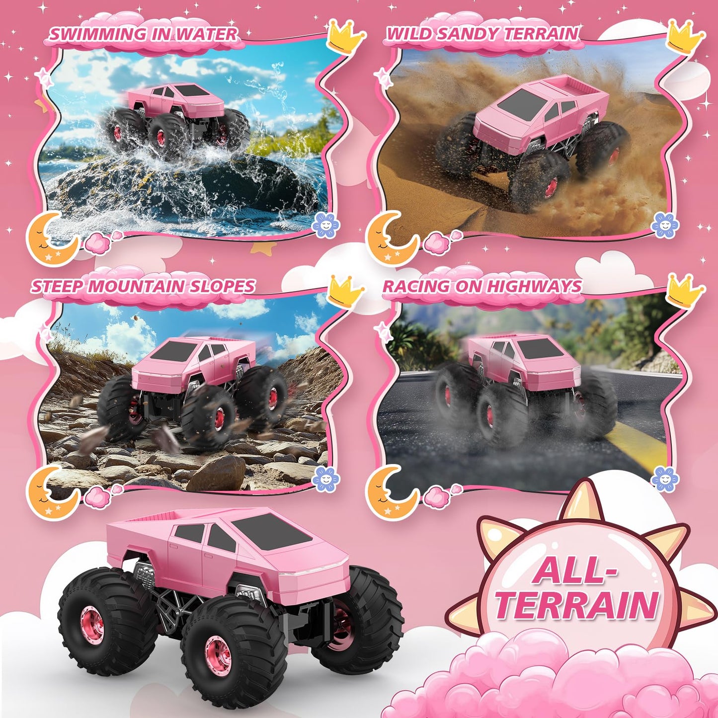 iDrone Remote Control Car Cyber RC Truck Toy, 1:16 2.4GHz 4WD Off-Road Amphibious Waterproof Monster Truck for All Terrain, Kids Birthday Gifts for Boys Girls Age 6 7 8 9 10 11 12 Year Olds (Pink)