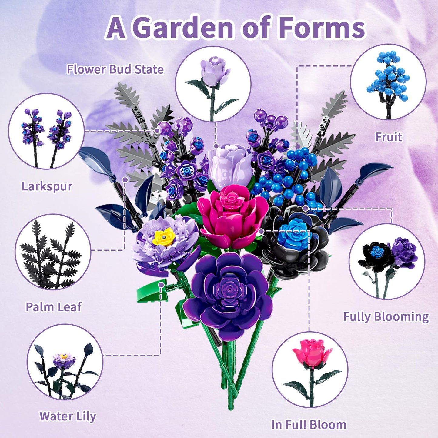 YOIUSFR 759 Pcs Purple Rose Flower Bouquet Building Set, Botanical Collection Kit Artificial Fake Flowers Blocks, Home Table Decor Aesthetic for Gifts for Mom, Birthday, DIY Craft