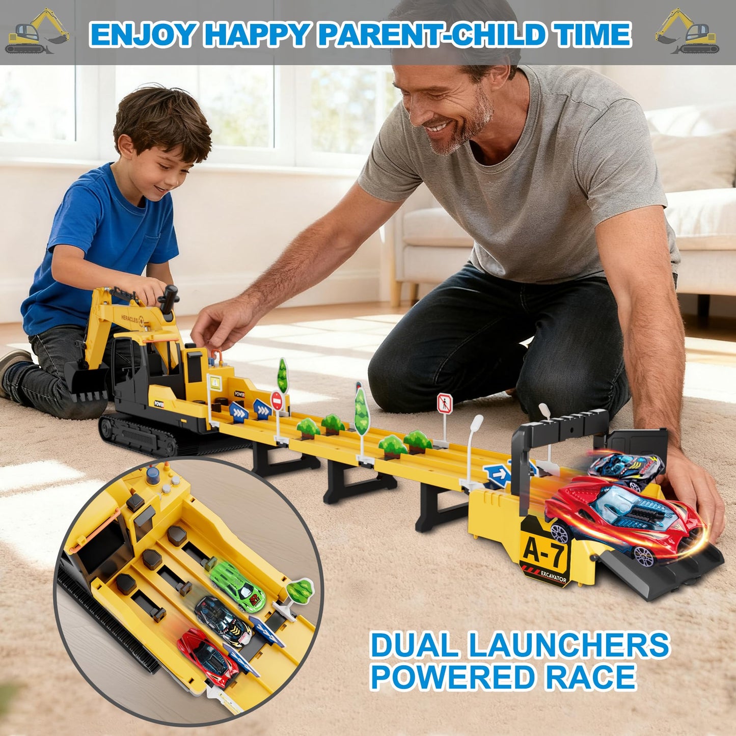 Dwi Dowellin Toys for 3 Year Old Boys,Excavator Toys for Kids with 6 Metal Racing Cars and 2 Engineering Vehicle,Foldable Ejection Vehicle with Lights & Sound for 3 4 5 6 7 Years Old Gifts