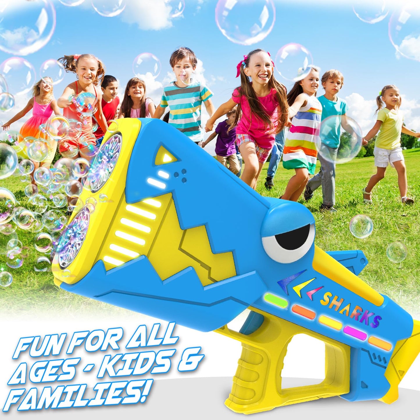 Britik Bubble Gun for Kids Ages 4-8: Shark Light Up Bubble Machine for Toddlers, Rechargeable, 2 Bubble Solution, Outdoor Toy Party Birthday Gift for 3 4 5 6 7 8 Year Old