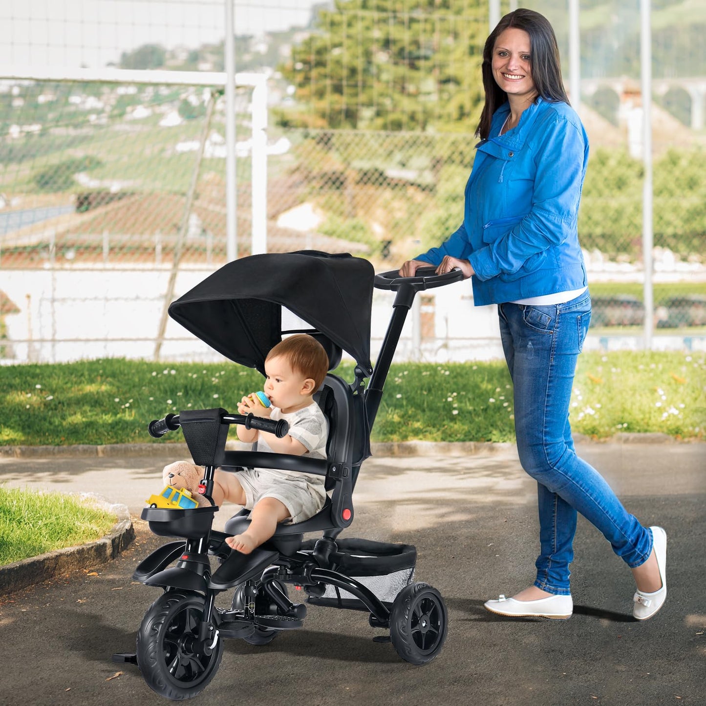 TODEFULL Folding Kids' Tricycle, 8 IN1 Baby Trike W/Removable Canpoy&Parental Push Rod, Toddler Bike Stroller for Kids 1-5 Years, 360° Swivel Seat, EVA Wheels，Storage Basket, Black