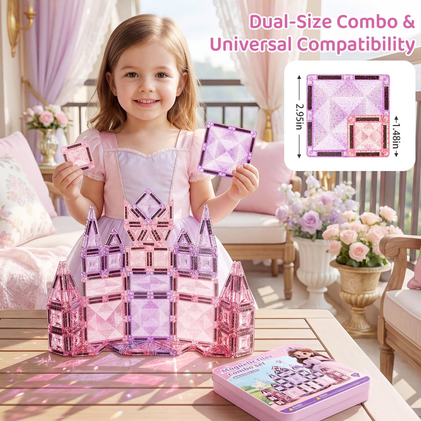 STEM MATCH Magnetic Tiles Girls Travel Toy: 42 PCS Pink Glitter Building Blocks Castle Tin Box - 120 Mins Quiet Play 60s Cleanup - Toddler Kids Gift Age 3 4 5 6