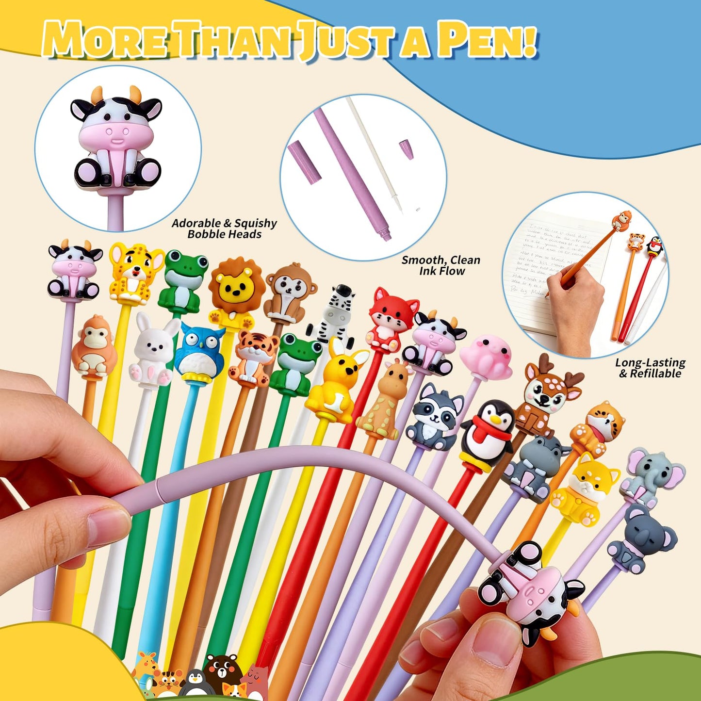 Zhirlyn Animal Pens Cute Pens End of Year Student Gifts from Teacher Assorted Fun Gel Ink Pen for Birthdays, Classroom Prizes, School, Office Supplies (Animal, 24)