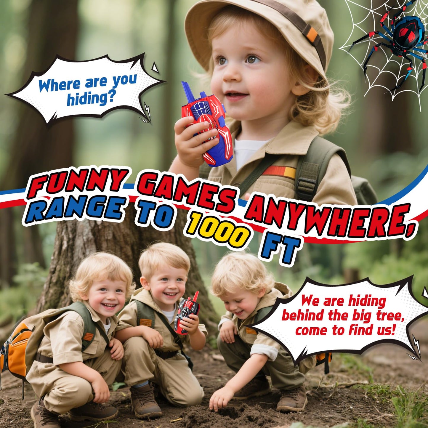 Walkie Talkies for Kids, Spider Toys 2 Pack Outdoor 2 Way Radio Toy Gifts Camping Brithday Gift Walkie Talkies for 3 4 5 6 7 8 9 10 Year Old Boys