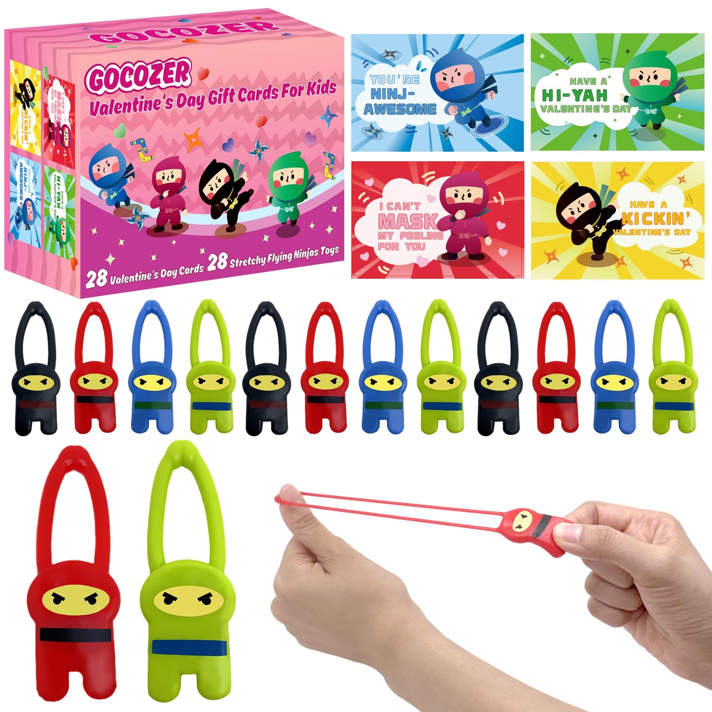 Valentines Day Gifts for Kids Classroom, 28 Pack Ninja Valentines Day Cards with Stretchy Flying Elastic Slingshot Ninja Toys, Sticky Hands for Kids Valentines Exchange Gifts School for Boys & Girls