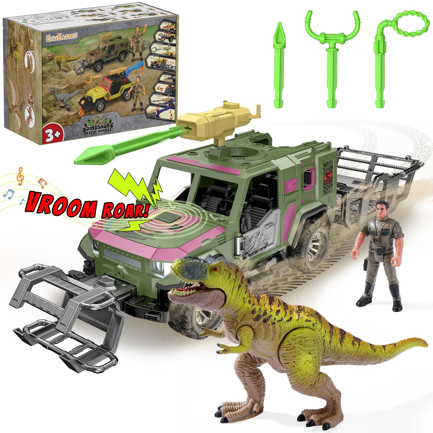 EKU Dinosaur Toys Rescue Truck with Human, 10 Realistic Sounds, 15ft Launch, Clamp, Chomping T-Rex Dinosaur for Jurassic World Role Play Transport Adventure Playset for Kids 3+