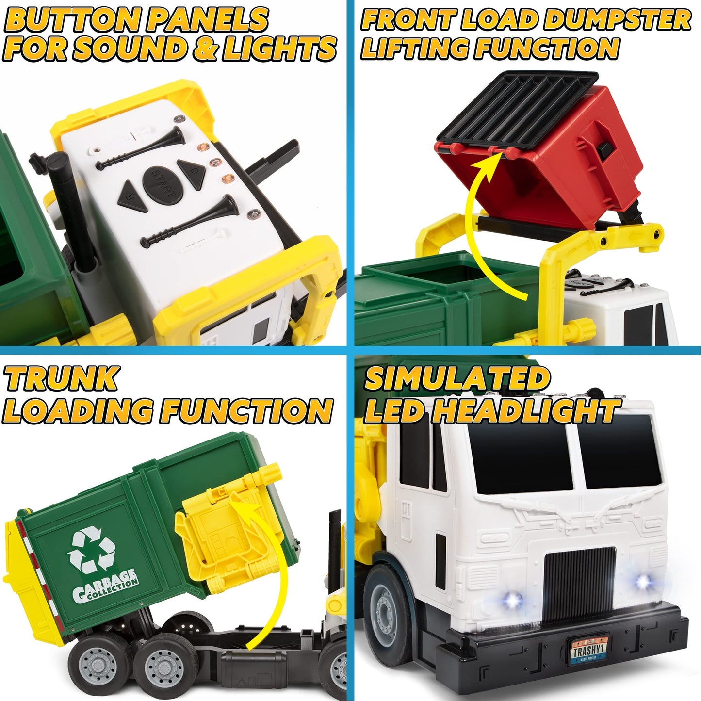 JOYIN Large Friction Powered Garbage Truck Toy Set, Includes 1 Dumpster, 3 Trash Bins, and 30 Learning Cards for Kids, Boy Toys Birthday Gift, Green