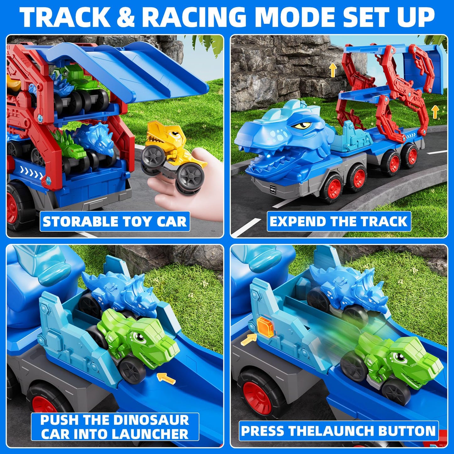 10 in 1 Dinosaur Truck Toys for Kids Toddlers Boys 3-5 4-8, Dino Carrier Truck with Foldable Track, Spray, Light & Sounds and 9 Dino Cars, Birthday Gifts for Kids Boys Girls 3 4 5 6 7 8 Year Old